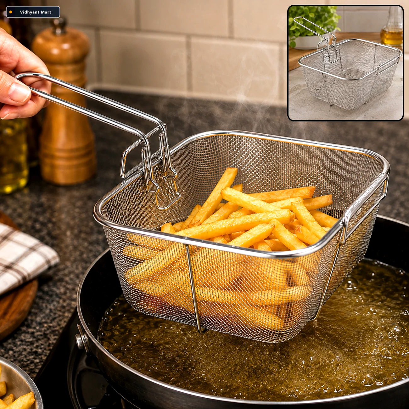 Vidhyant Mart Deep Fryer Basket Stainless Steel With Long Handle 1