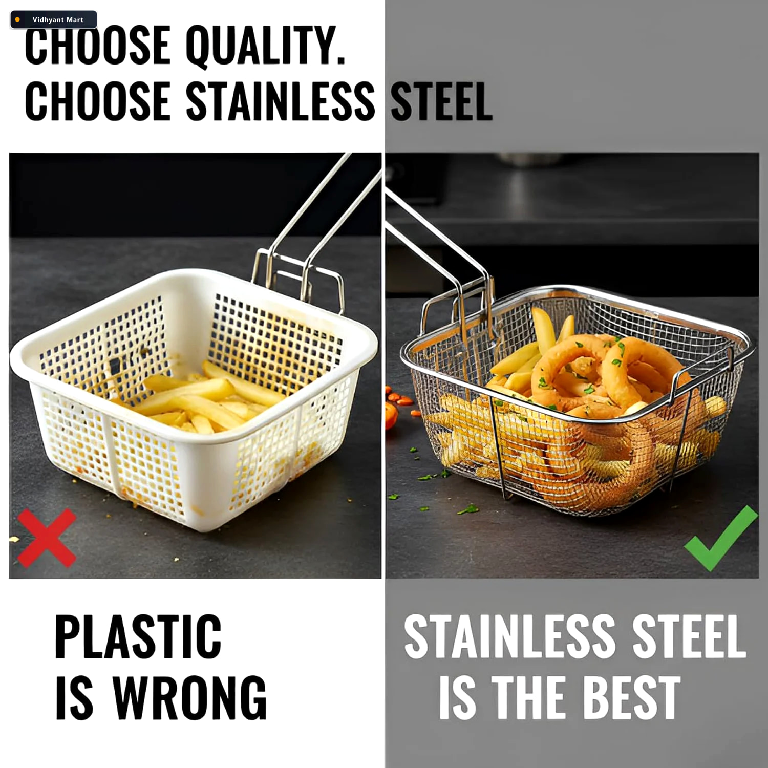 Vidhyant Mart Deep Fryer Basket Stainless Steel With Long Handle 2