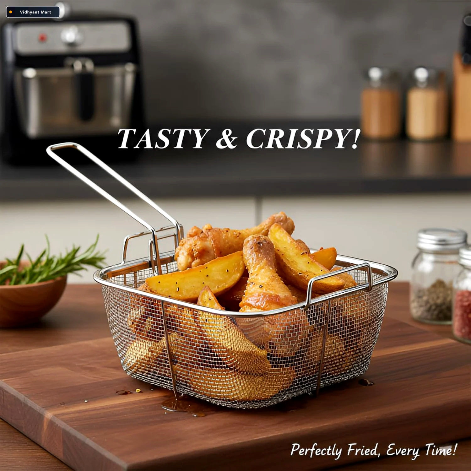 Vidhyant Mart Deep Fryer Basket Stainless Steel With Long Handle 4