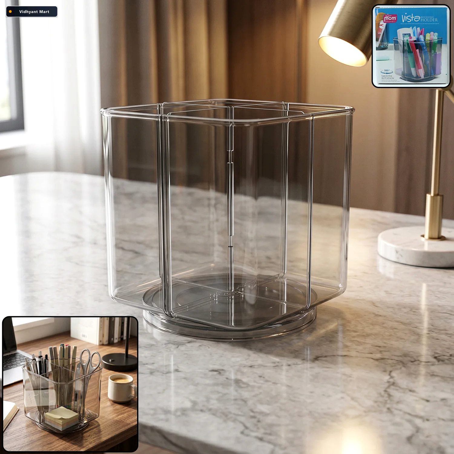 Vidhyant Mart Desk Organizer 360 Rotating Acrylic Pen Stand For 3