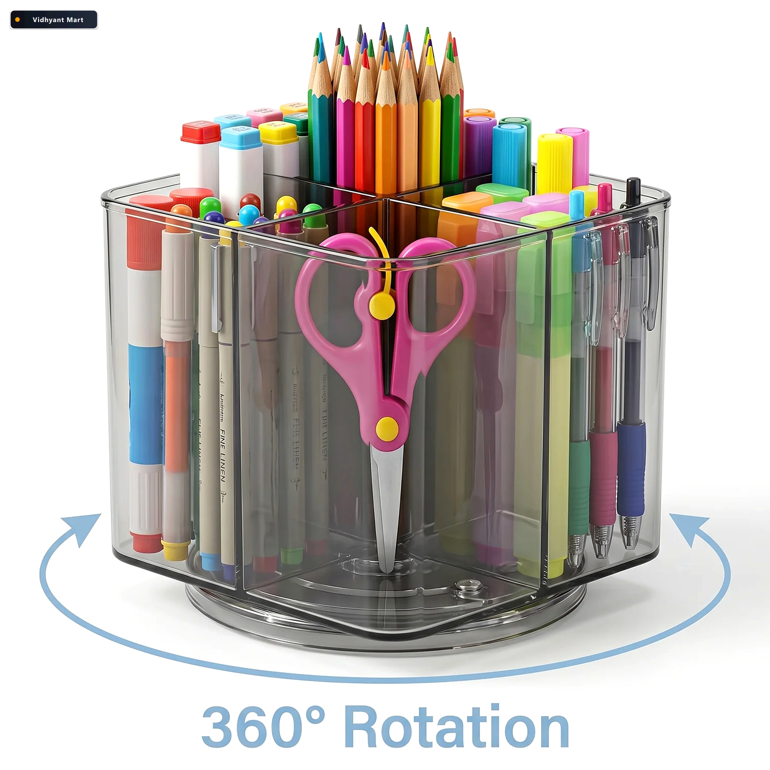 Vidhyant Mart Desk Organizer 360 Rotating Acrylic Pen Stand For 4