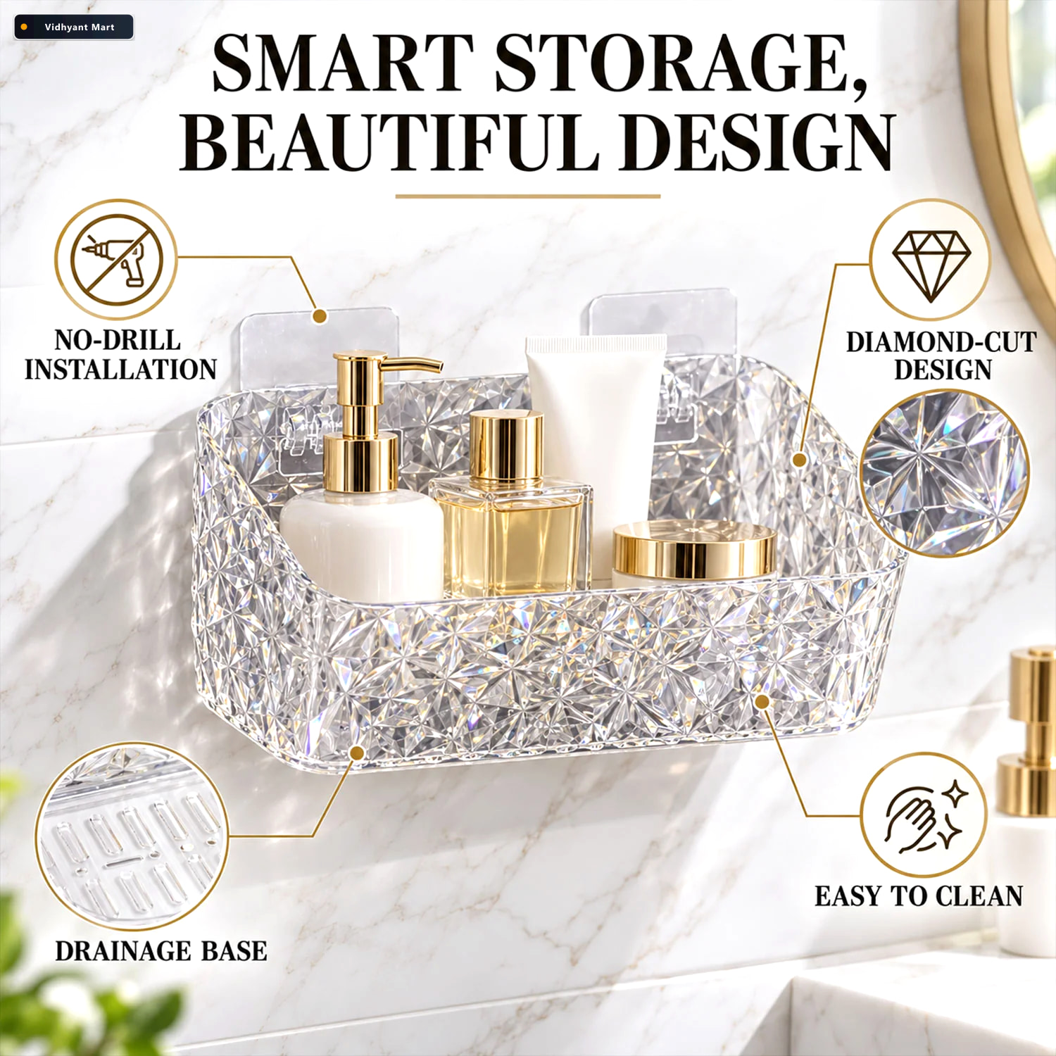 Vidhyant Mart Diamond Design Bathroom Wall Rack For Toiletries A 3