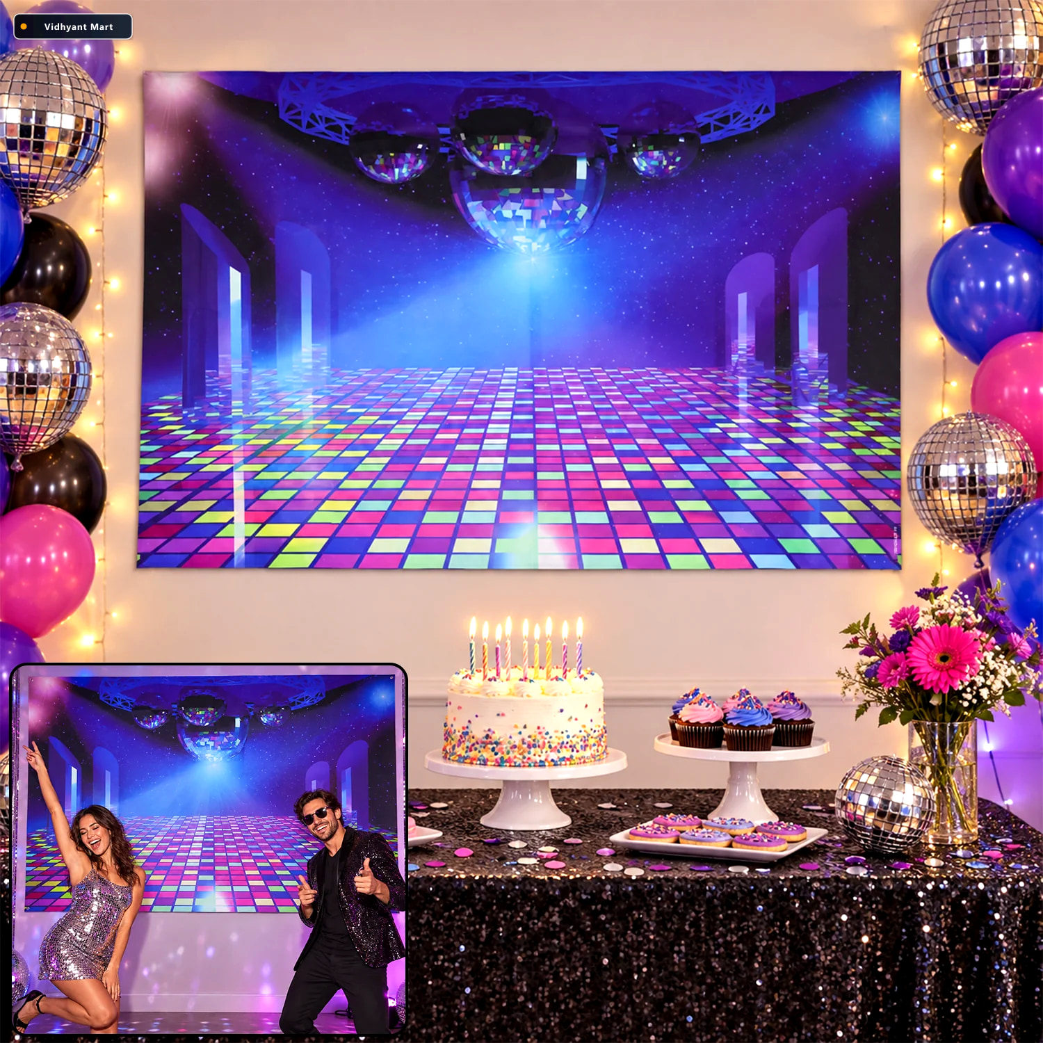 Vidhyant Mart Disco Dance Floor Print Backdrop Curtain For Birth 1