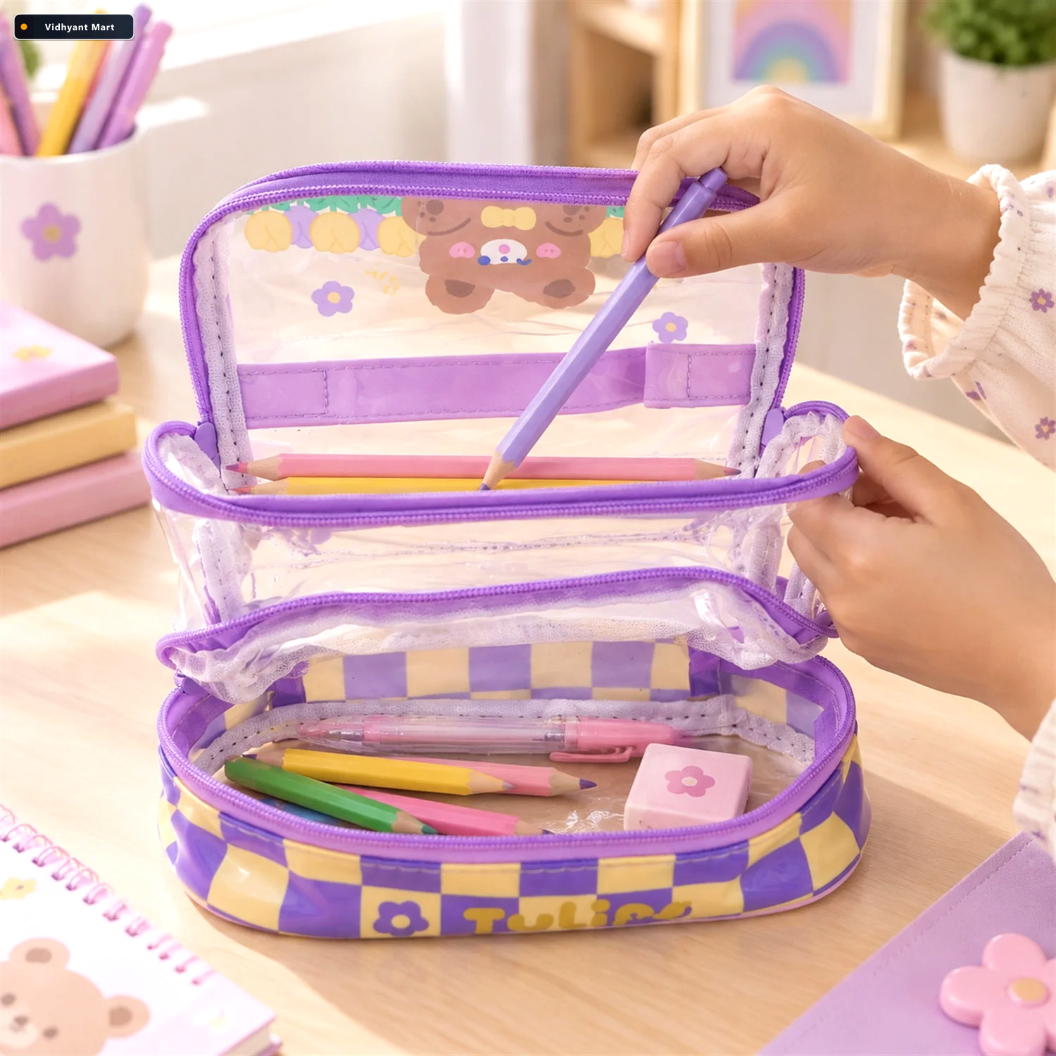 Vidhyant Mart Double Layer Transparent Bear Print Pouch With Zip 1