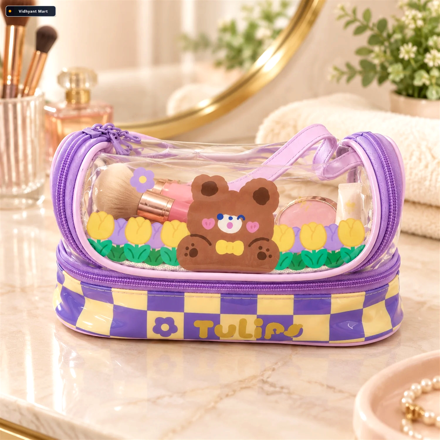 Vidhyant Mart Double Layer Transparent Bear Print Pouch With Zip 3