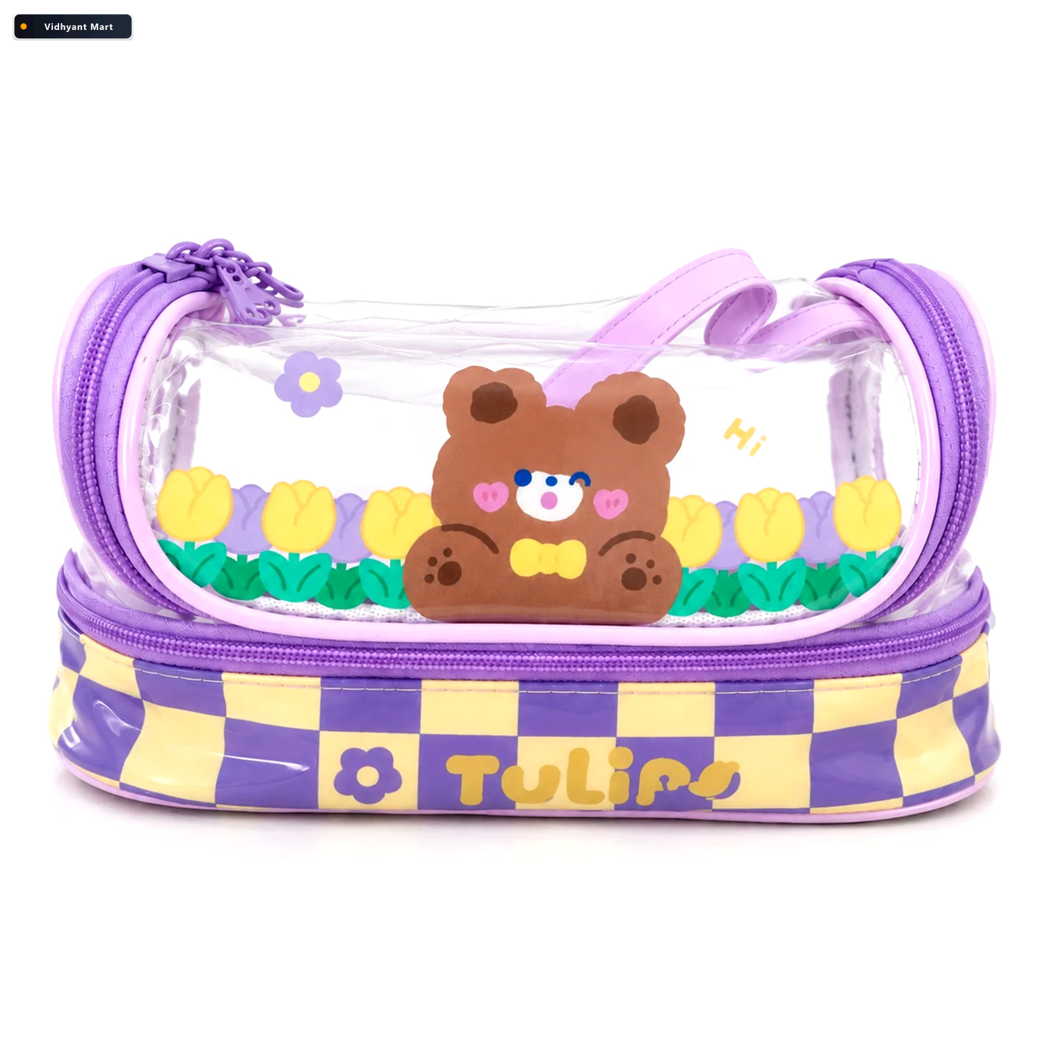 Vidhyant Mart Double Layer Transparent Bear Print Pouch With Zip 4