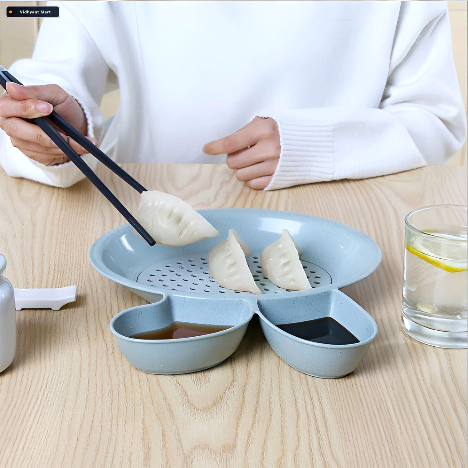 Vidhyant Mart Dumpling Serving Plate With Strainer Dual Sauce Co 2