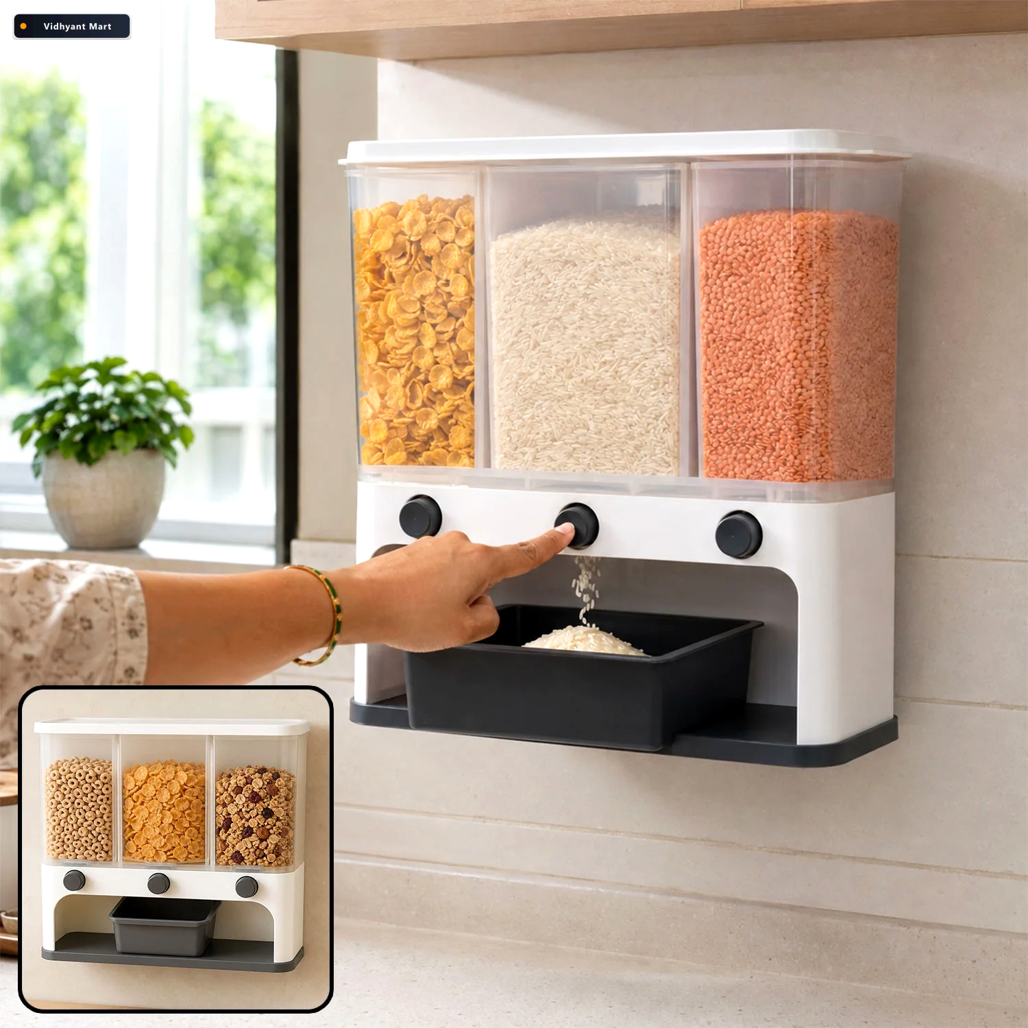 Vidhyant Mart Easy Flow Cereal Dispenser 3 In 1 Wall Mount Stora 1