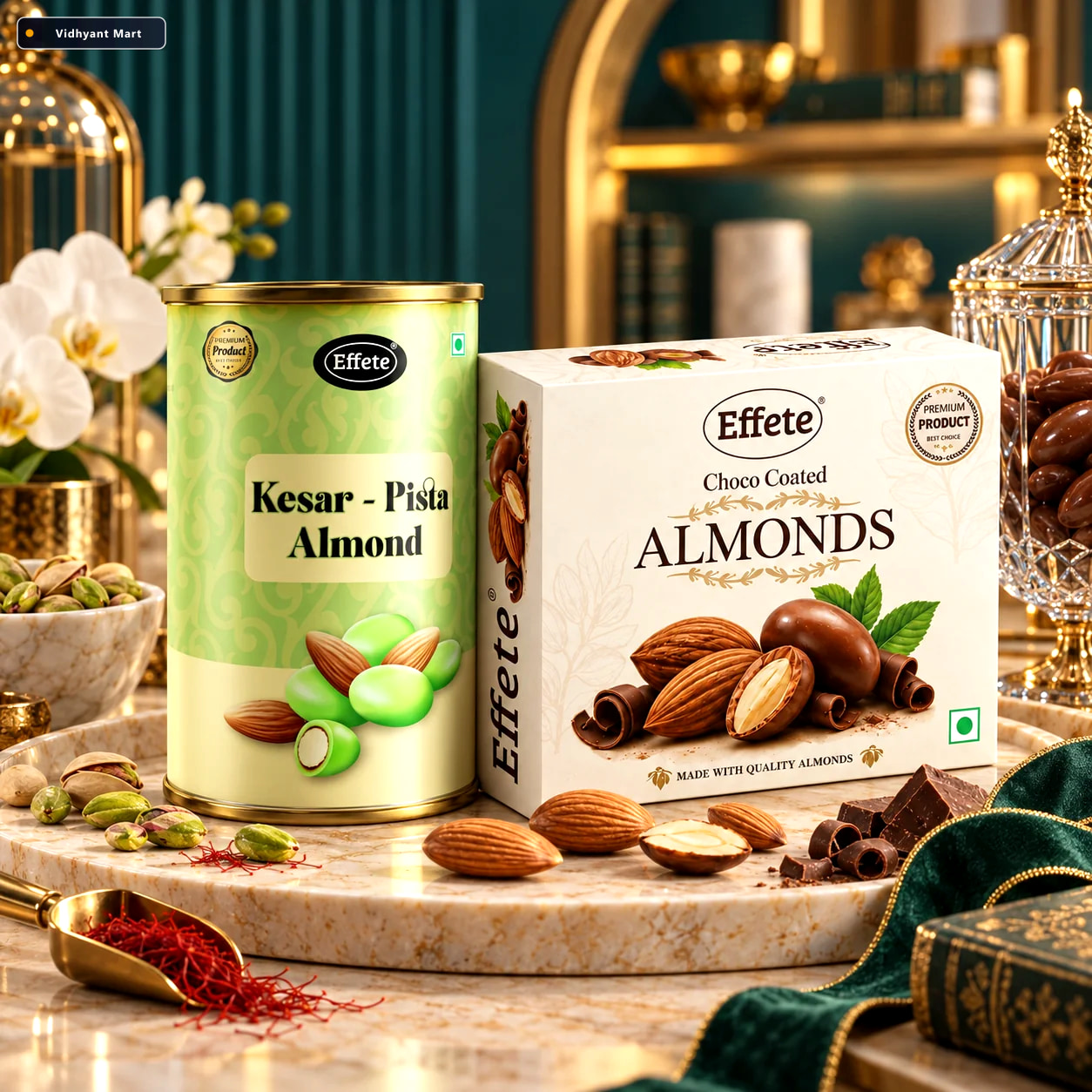 Vidhyant Mart Effete Kesar Pista Almonds With Choco Coated Almon 1