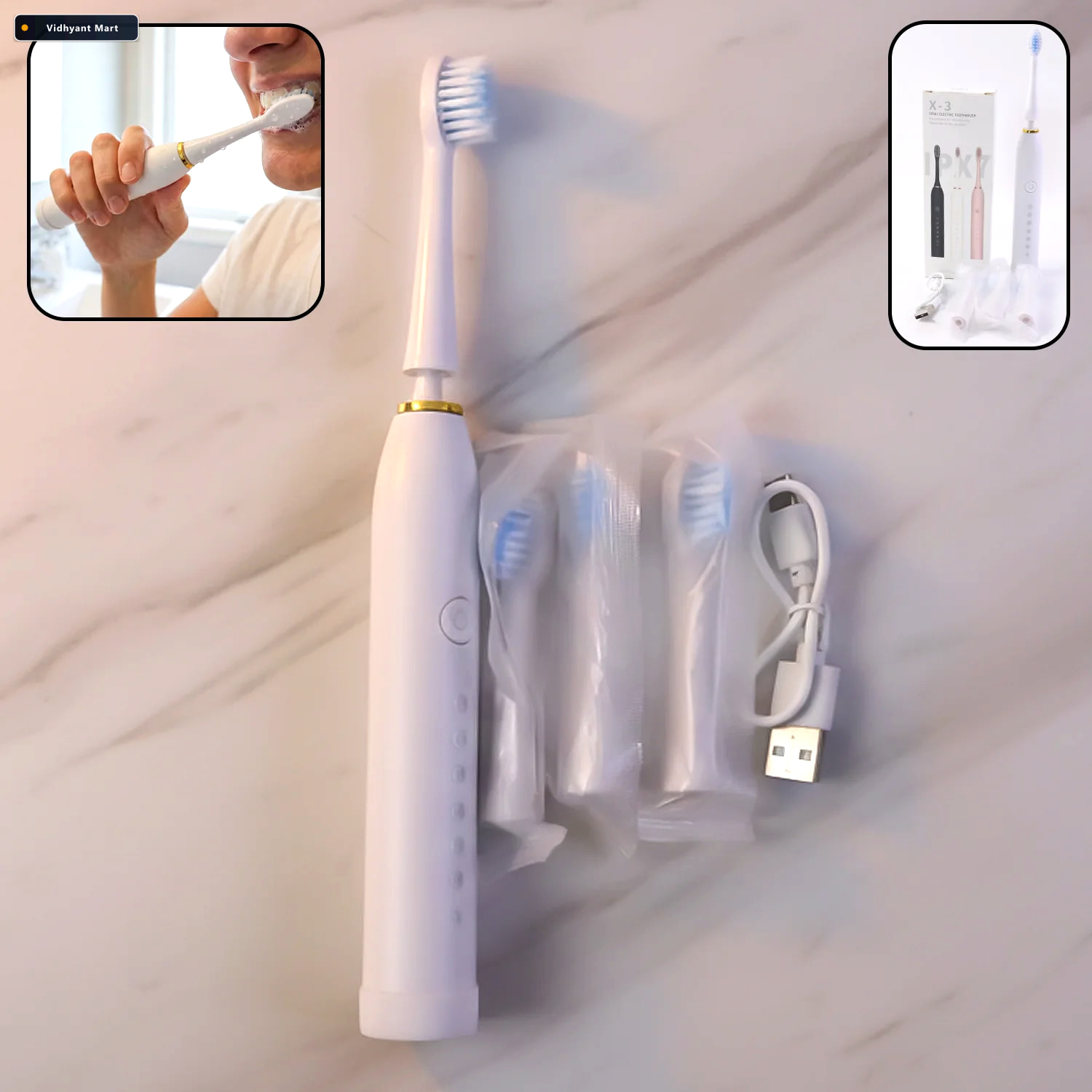 Vidhyant Mart Electric Toothbrush Rechargeable With 3 Extra Repl 3