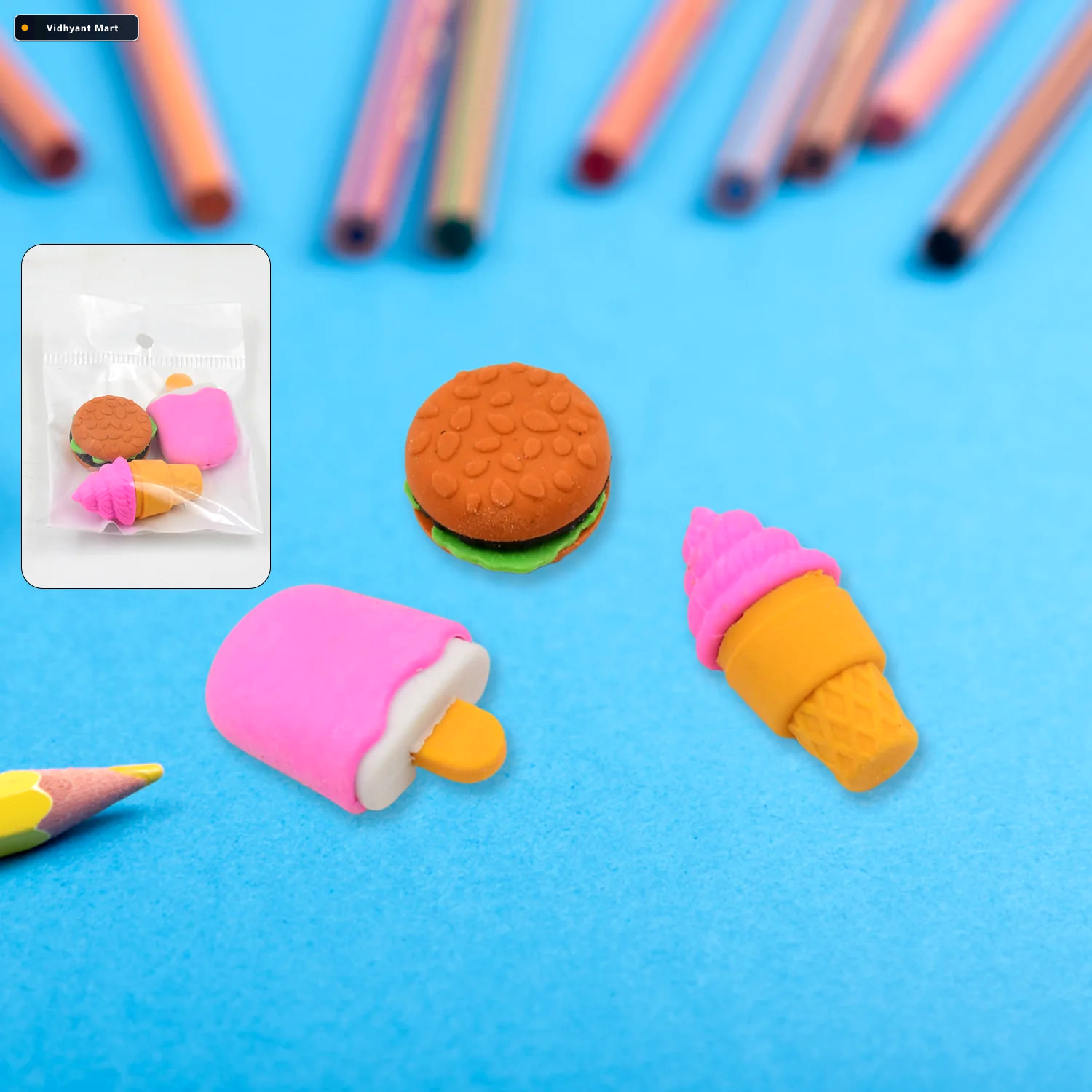 Vidhyant Mart Fancy Erasers Colourful 3 Pc Set For Kids School S 1