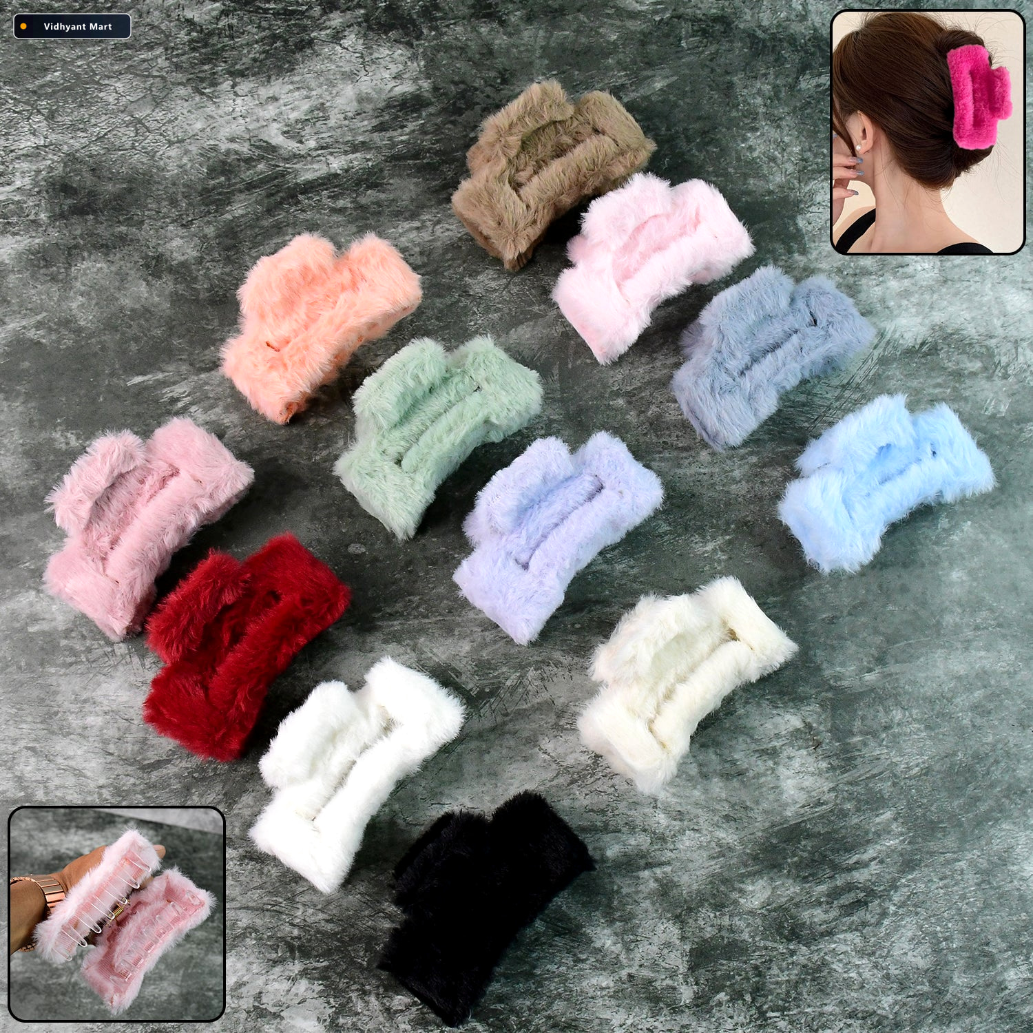 Vidhyant Mart Faux Fur Hair Claw Clips Soft Big Fluffy 12 Pc Set 1
