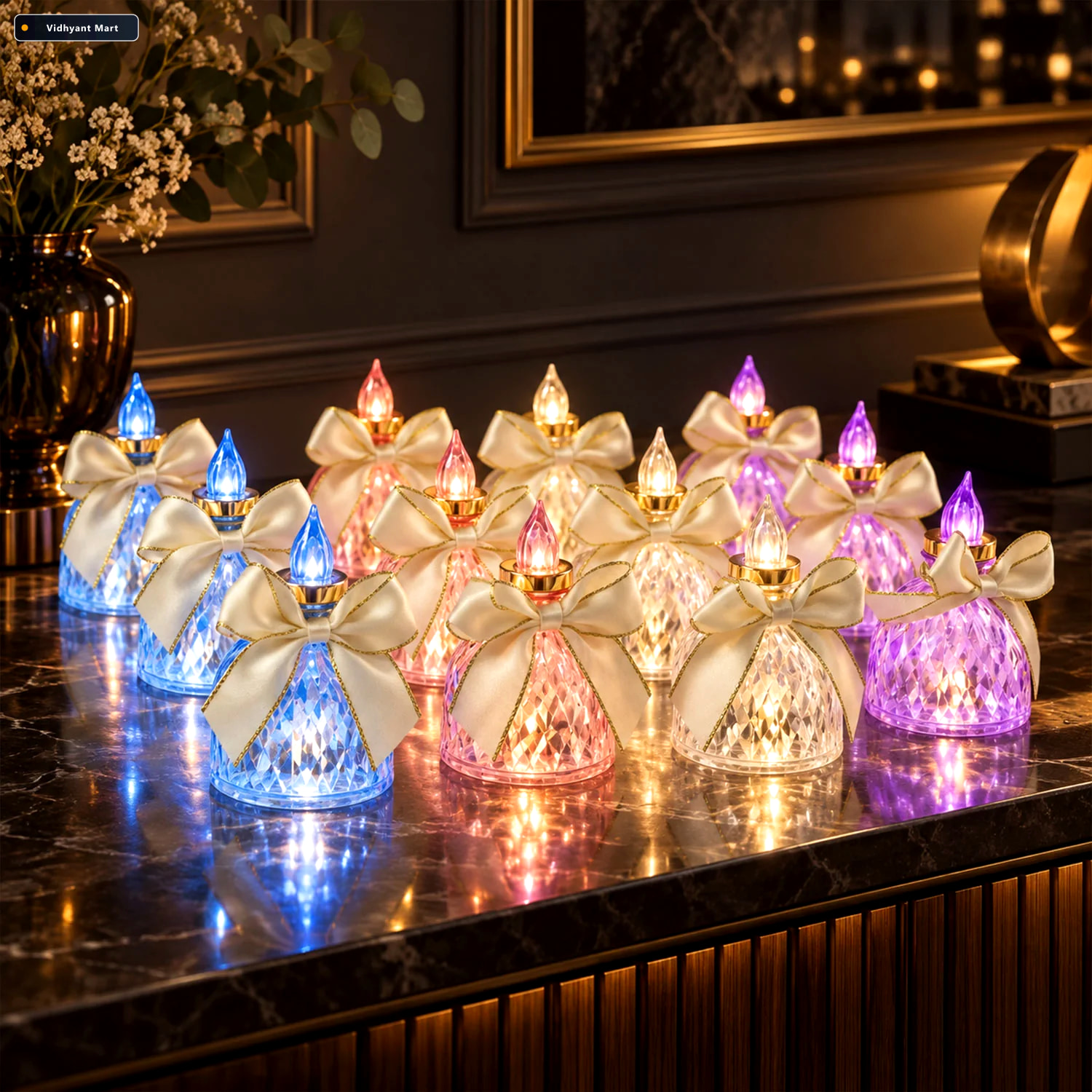 Vidhyant Mart Flameless Led Candle Lights With Bow For Festive T 1