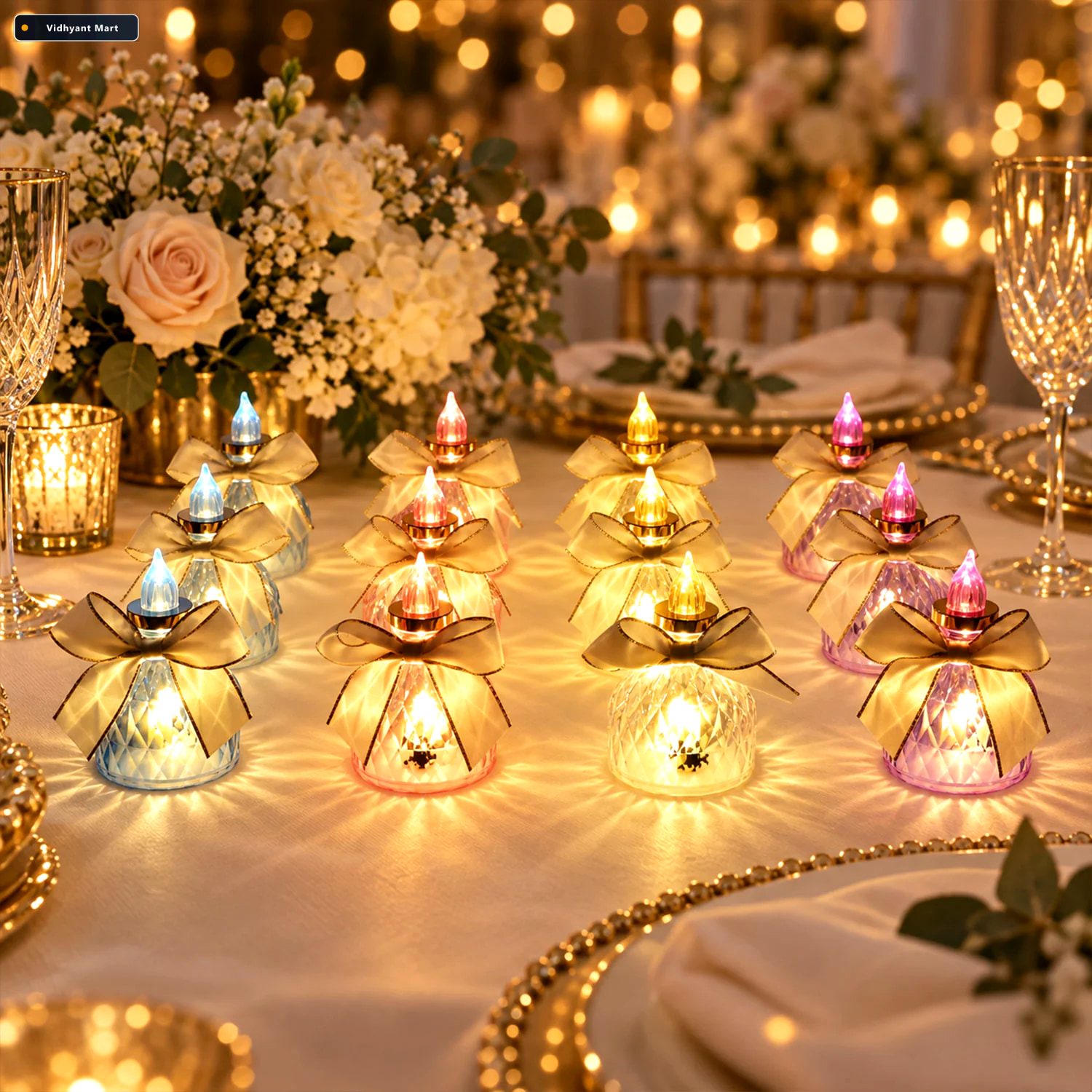 Vidhyant Mart Flameless Led Candle Lights With Bow For Festive T 3