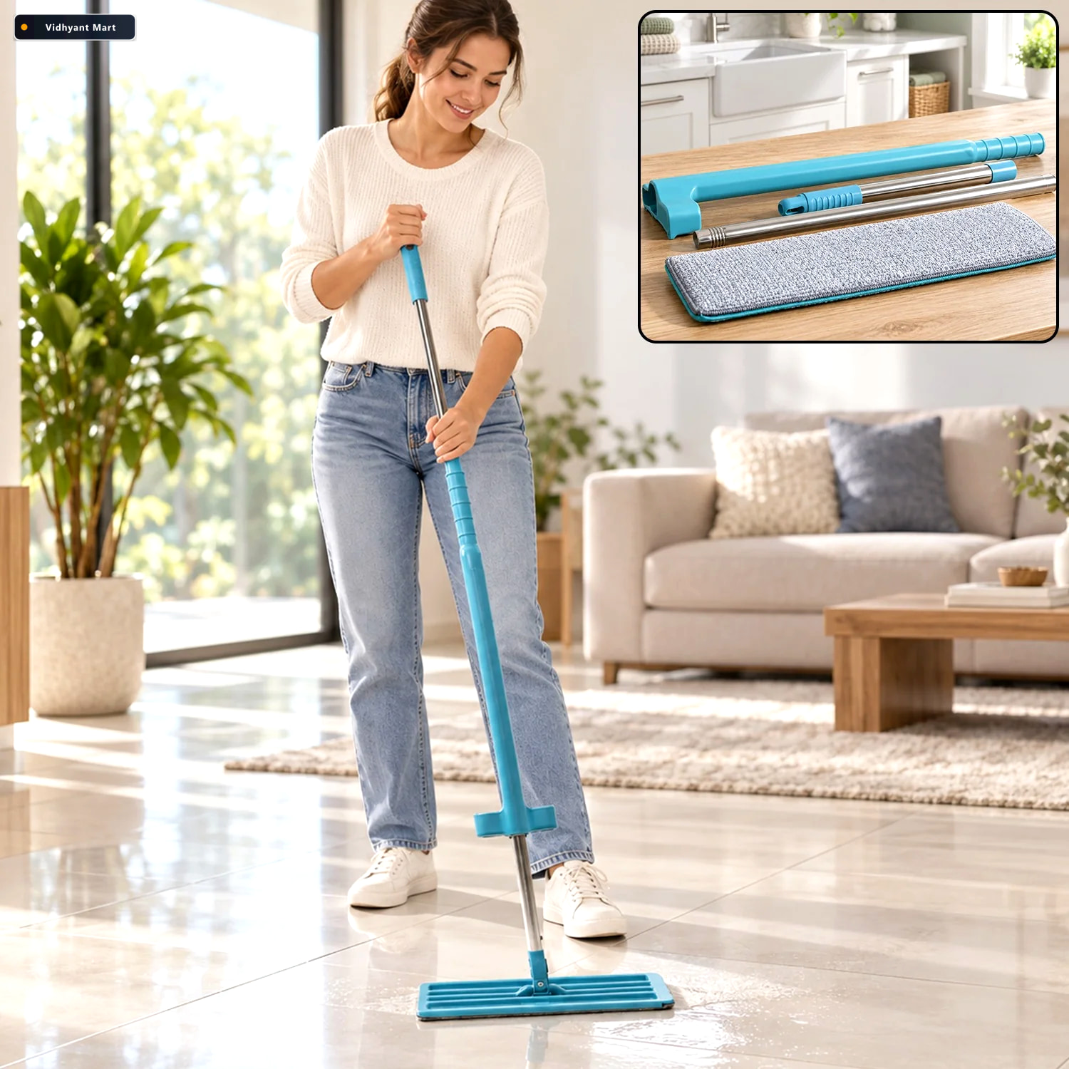Vidhyant Mart Flat Floor Mop For Women With Long Handle And Micr 1