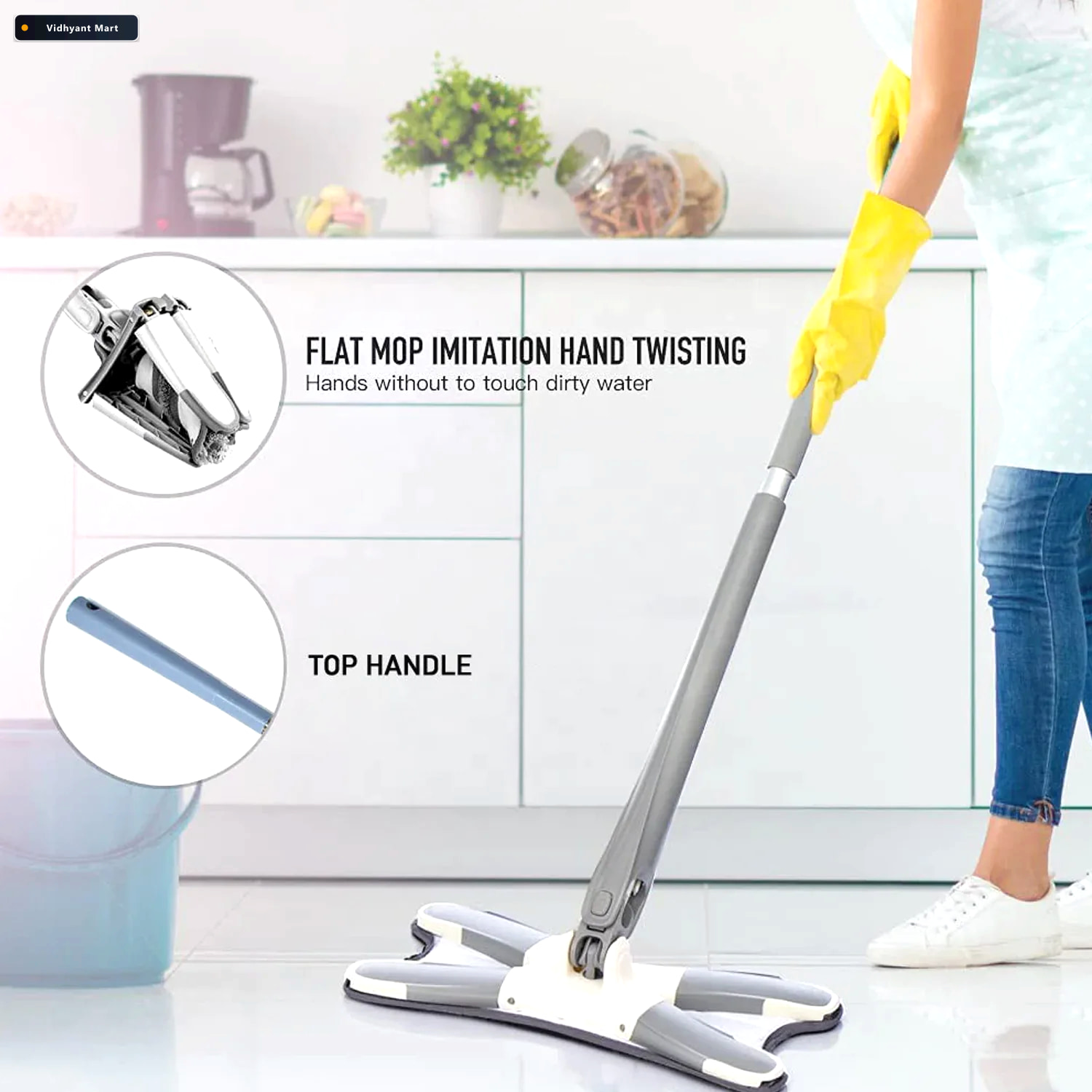 Vidhyant Mart Flat Mop 360 Rotating Head Easy Squeeze Velvet Wip 2