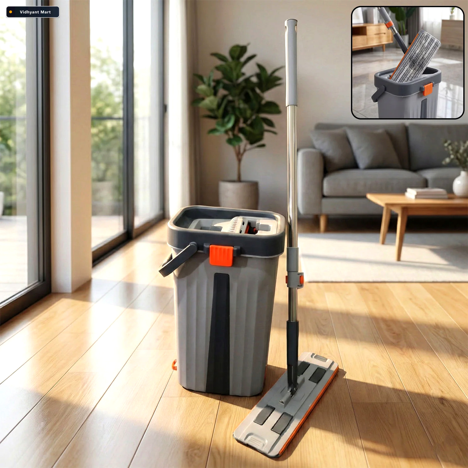 Vidhyant Mart Flat Mop With Bucket Set Big Size Easy Press Wring 1