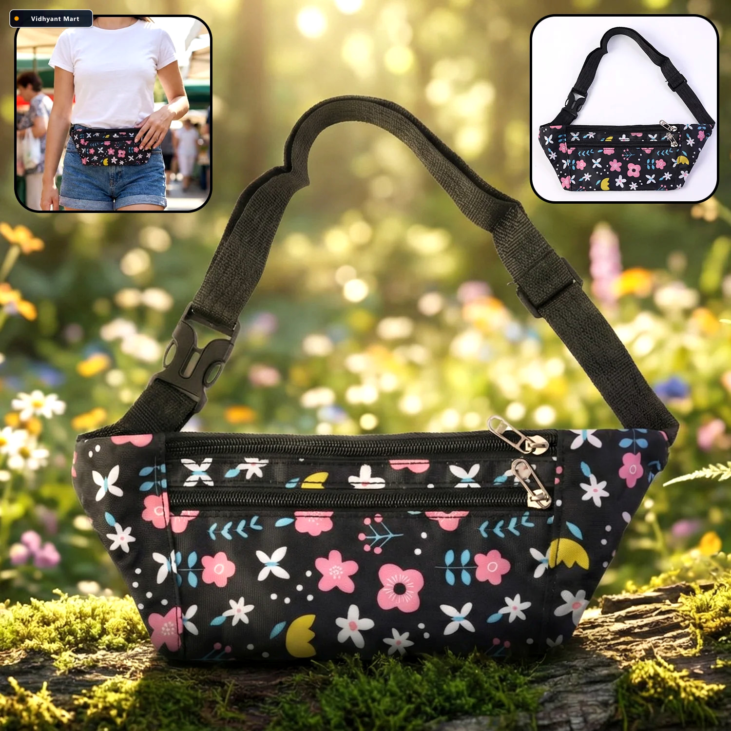Vidhyant Mart Floral Print Waist Bag Adjustable Strap With Zippe 1