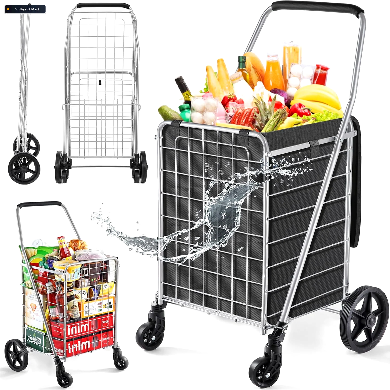Vidhyant Mart Foldable Shopping Cart Durable Iron Frame Dual Swi 2