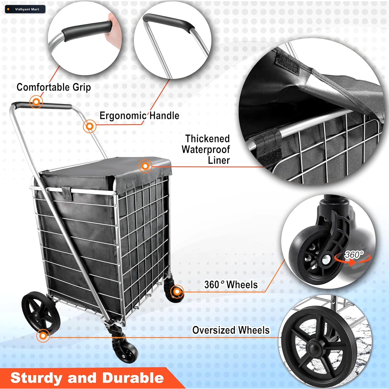 Vidhyant Mart Foldable Shopping Cart Durable Iron Frame Dual Swi 3