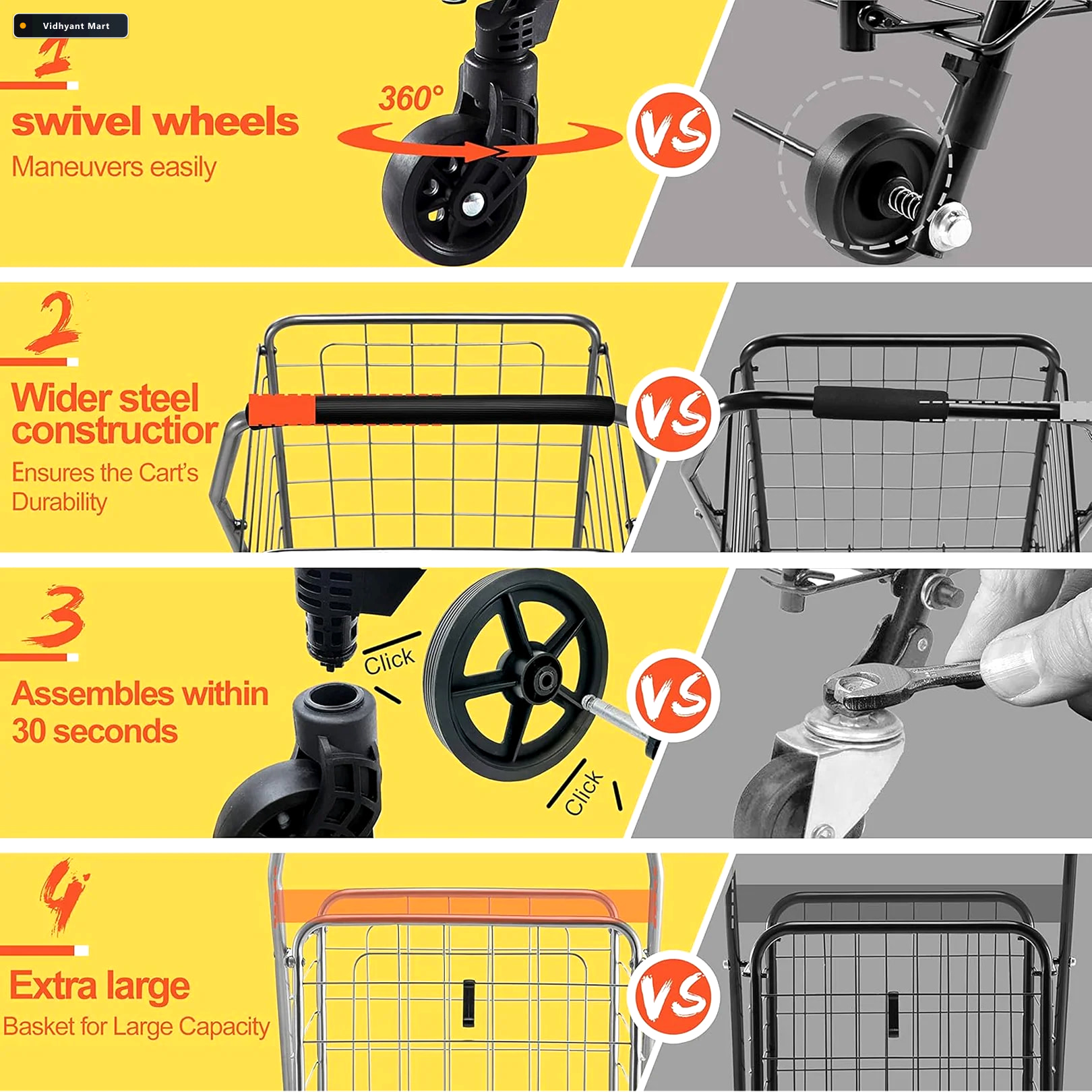 Vidhyant Mart Foldable Shopping Cart Durable Iron Frame Dual Swi 4