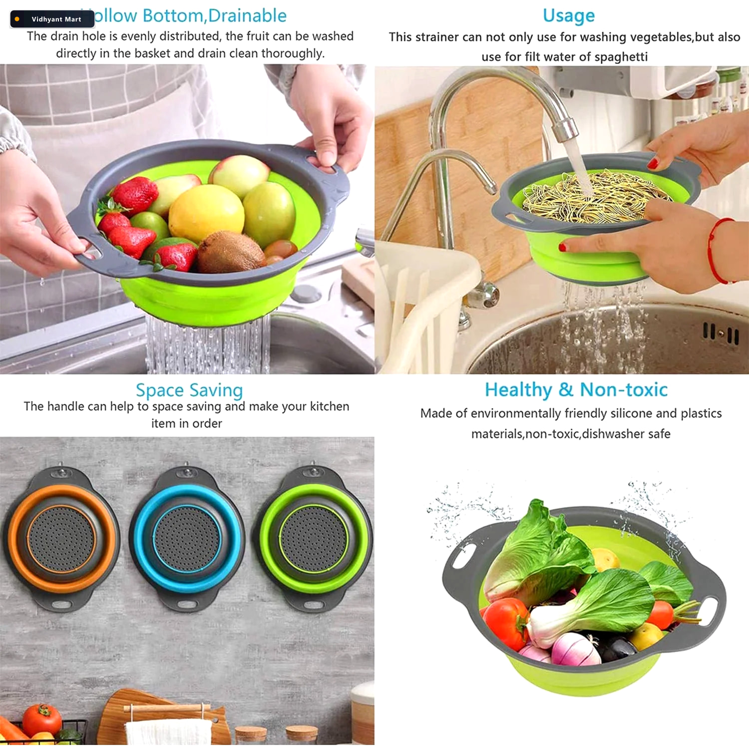 Vidhyant Mart Foldable Silicone Strainer Space Saving Kitchen To 3