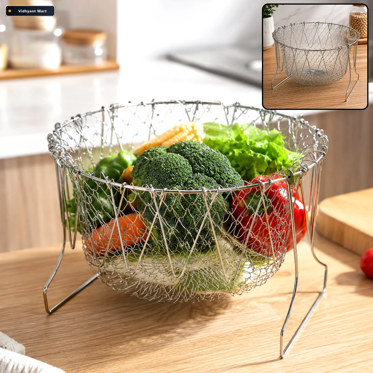 Vidhyant Mart Foldable Strainer Basket Stainless Steel Space Sav 1