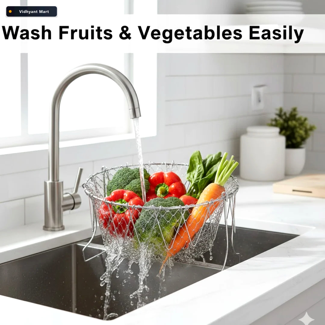 Vidhyant Mart Foldable Strainer Basket Stainless Steel Space Sav 2