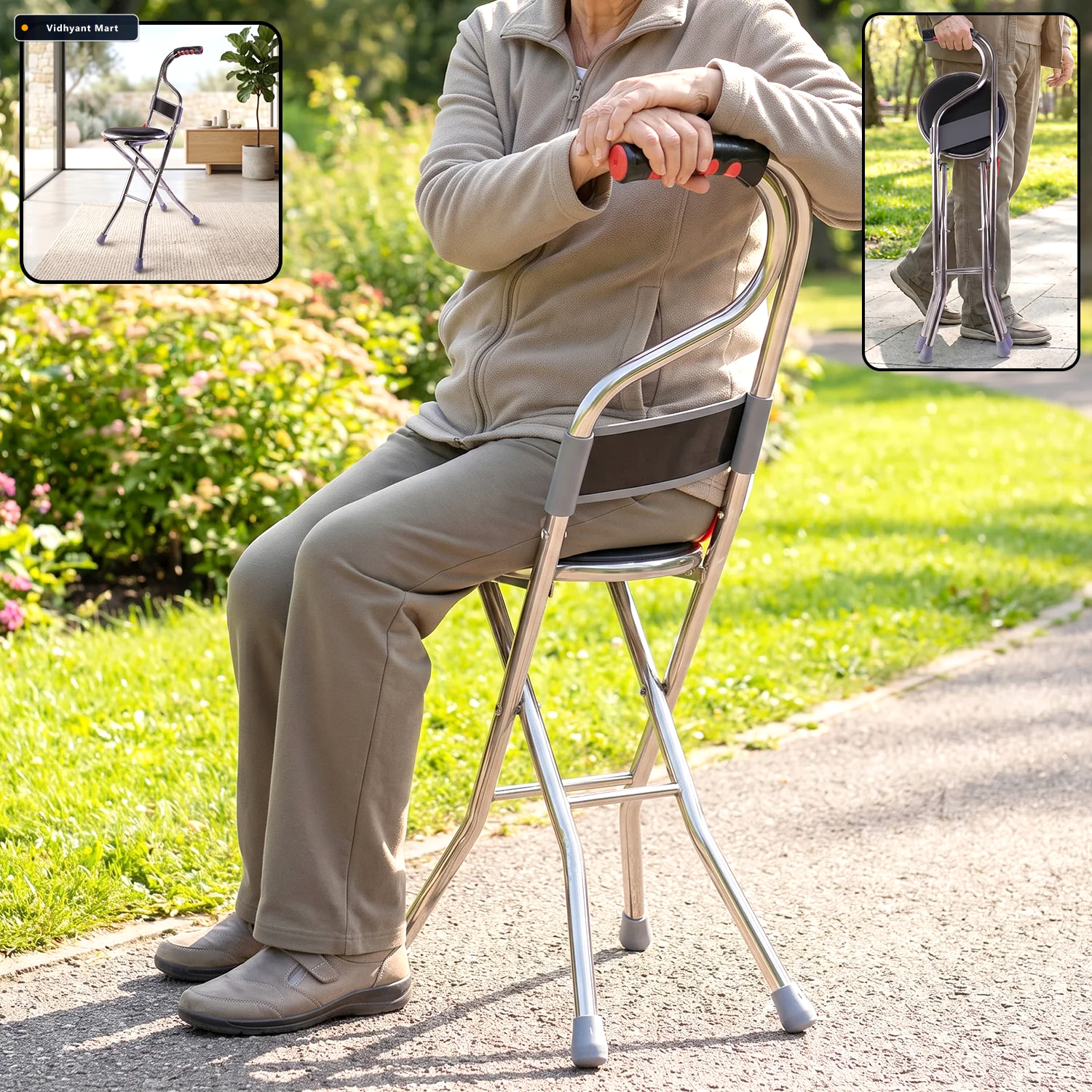 Vidhyant Mart Folding Walking Stick With Seat And Backrest 4 Leg 1