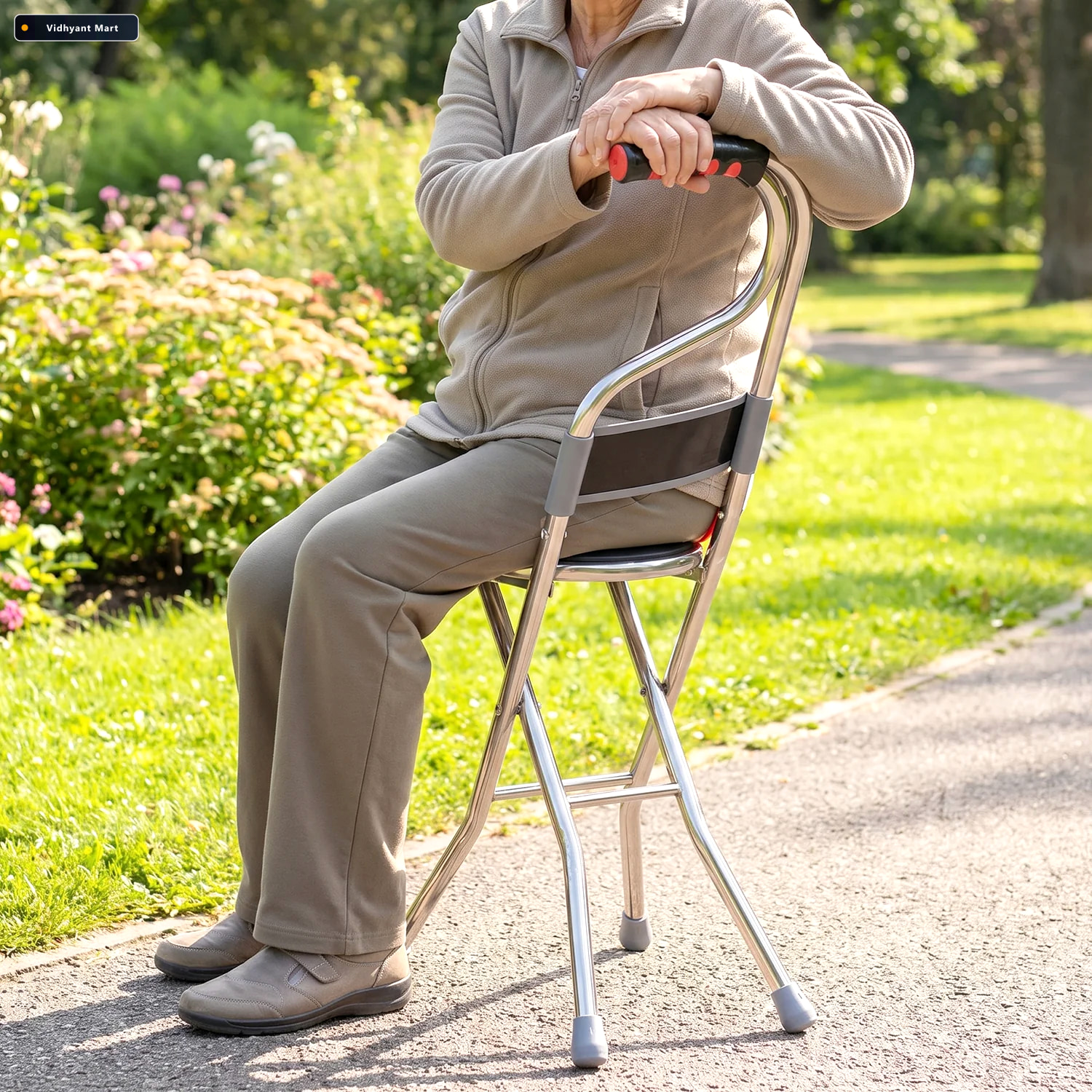 Vidhyant Mart Folding Walking Stick With Seat And Backrest 4 Leg 3