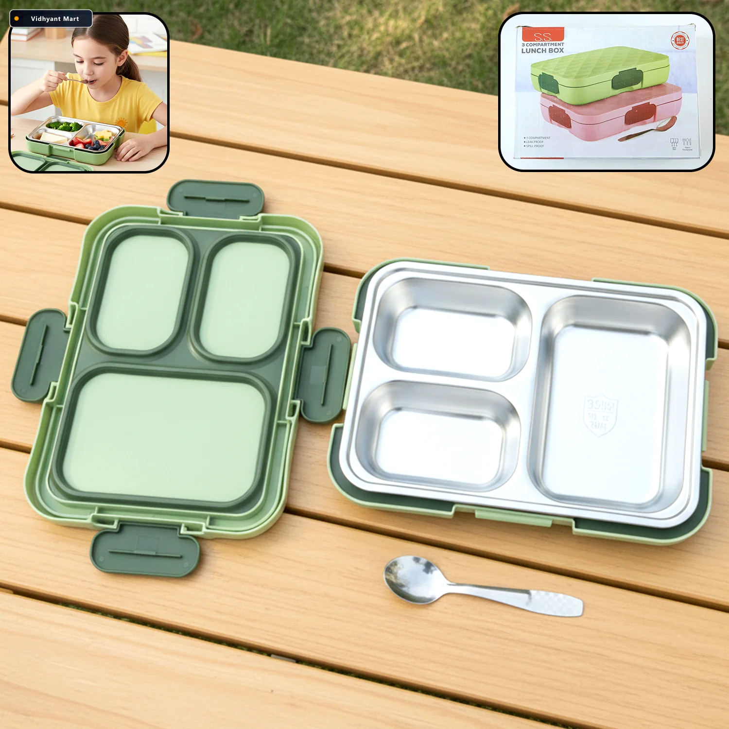 Vidhyant Mart Fresca Stainless Steel 3 Compartment Lunch Box Lea 2