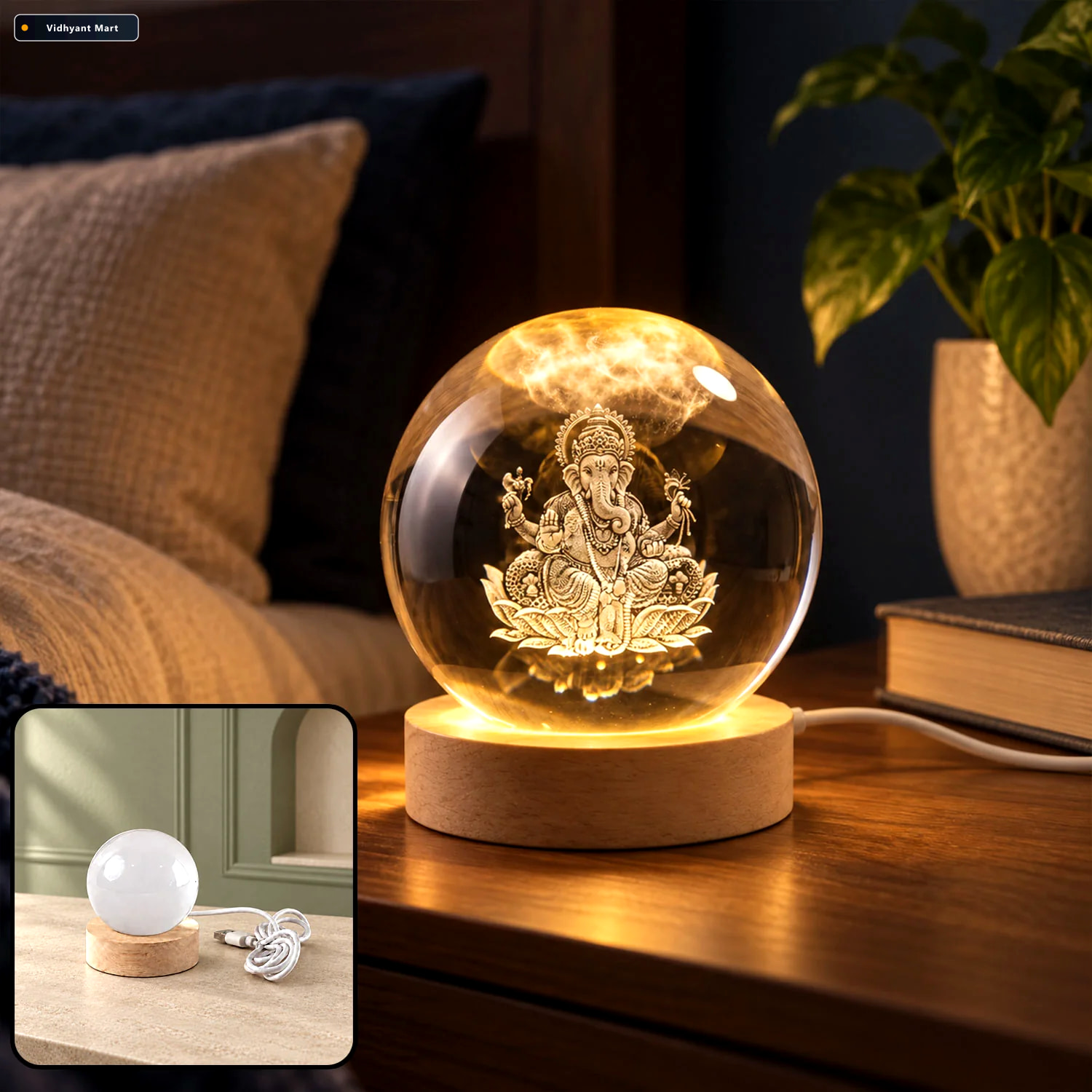 Vidhyant Mart Ganpati 3d Crystal Ball Lamp With Wooden Led Base 1