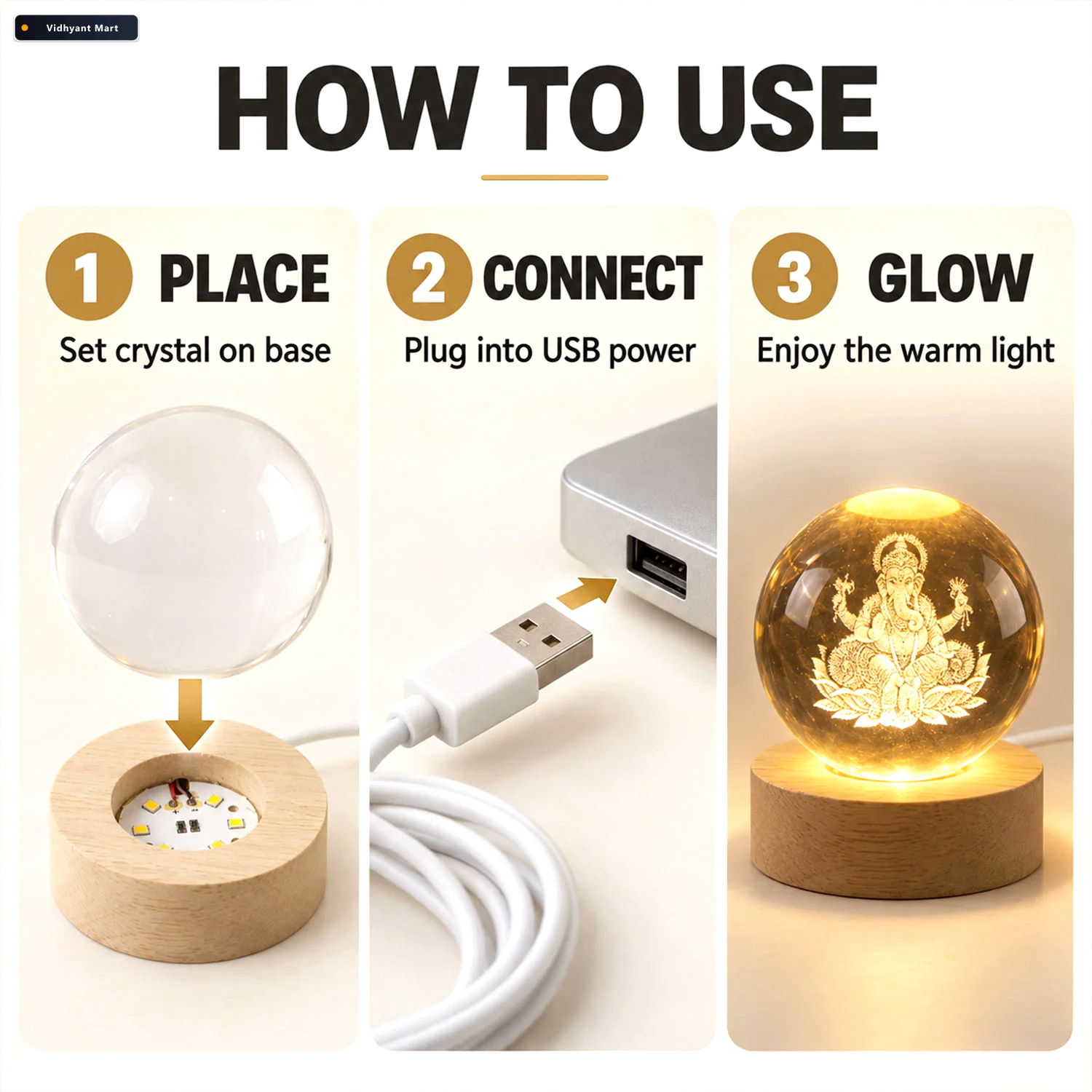 Vidhyant Mart Ganpati 3d Crystal Ball Lamp With Wooden Led Base 2