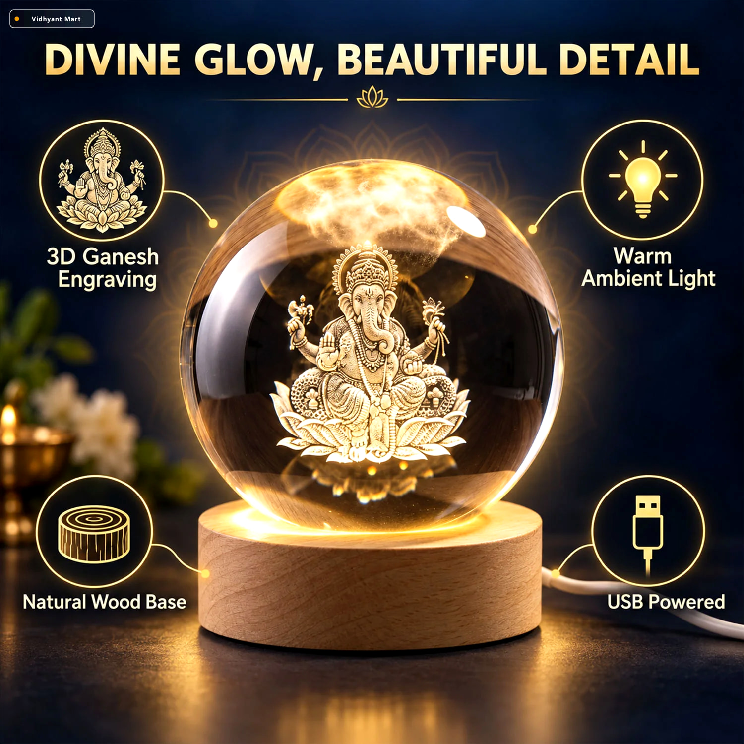Vidhyant Mart Ganpati 3d Crystal Ball Lamp With Wooden Led Base 3