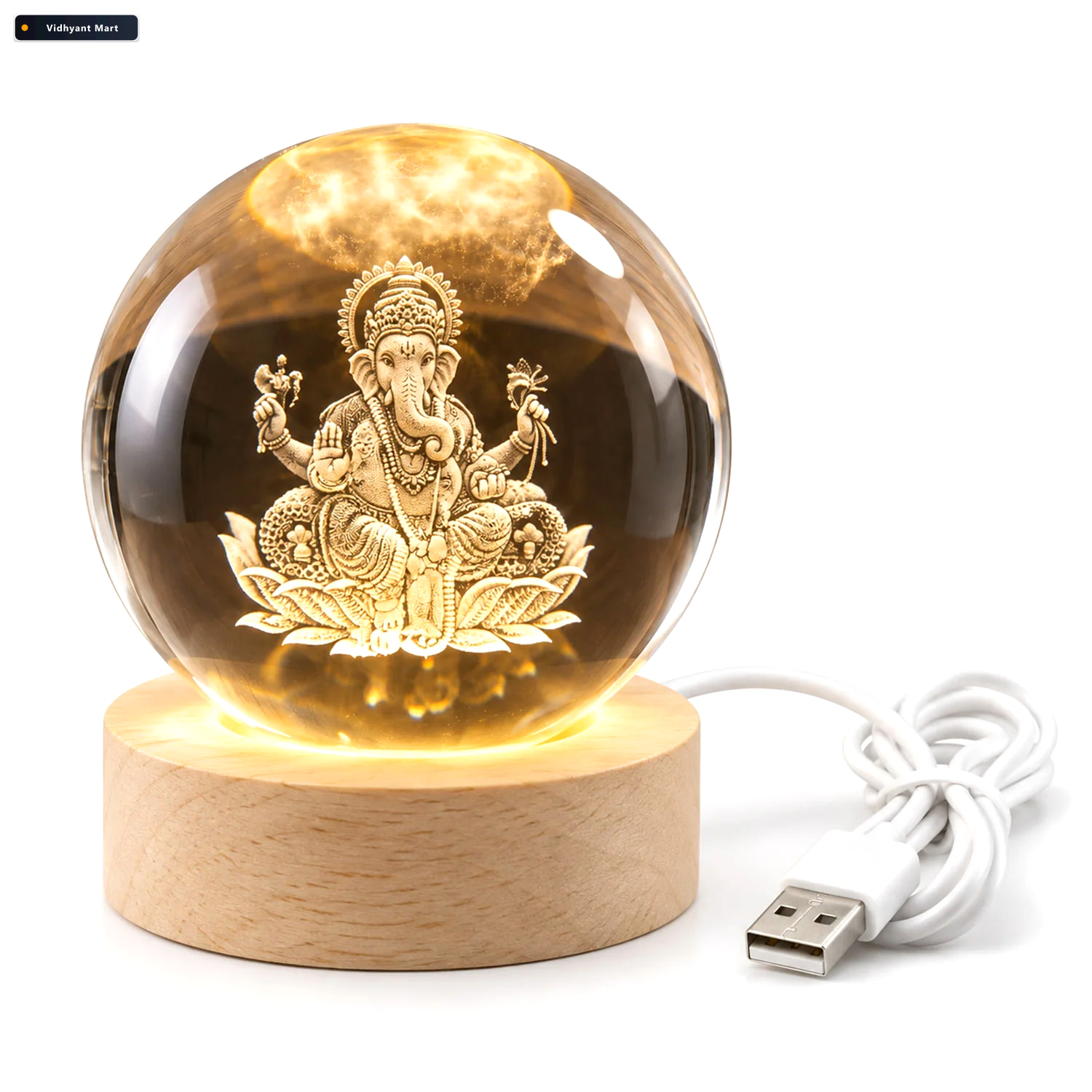 Vidhyant Mart Ganpati 3d Crystal Ball Lamp With Wooden Led Base 4