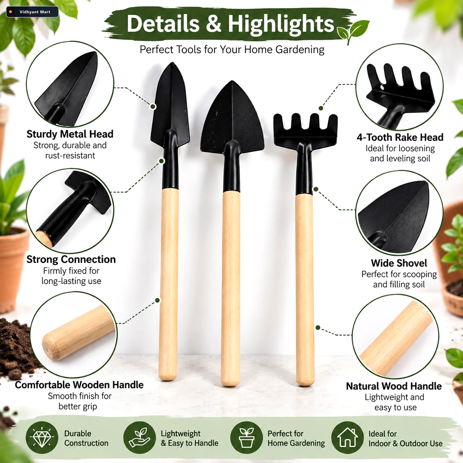 Vidhyant Mart Garden Hand Tool Set Of 3 With Trowel Shovel And R 2