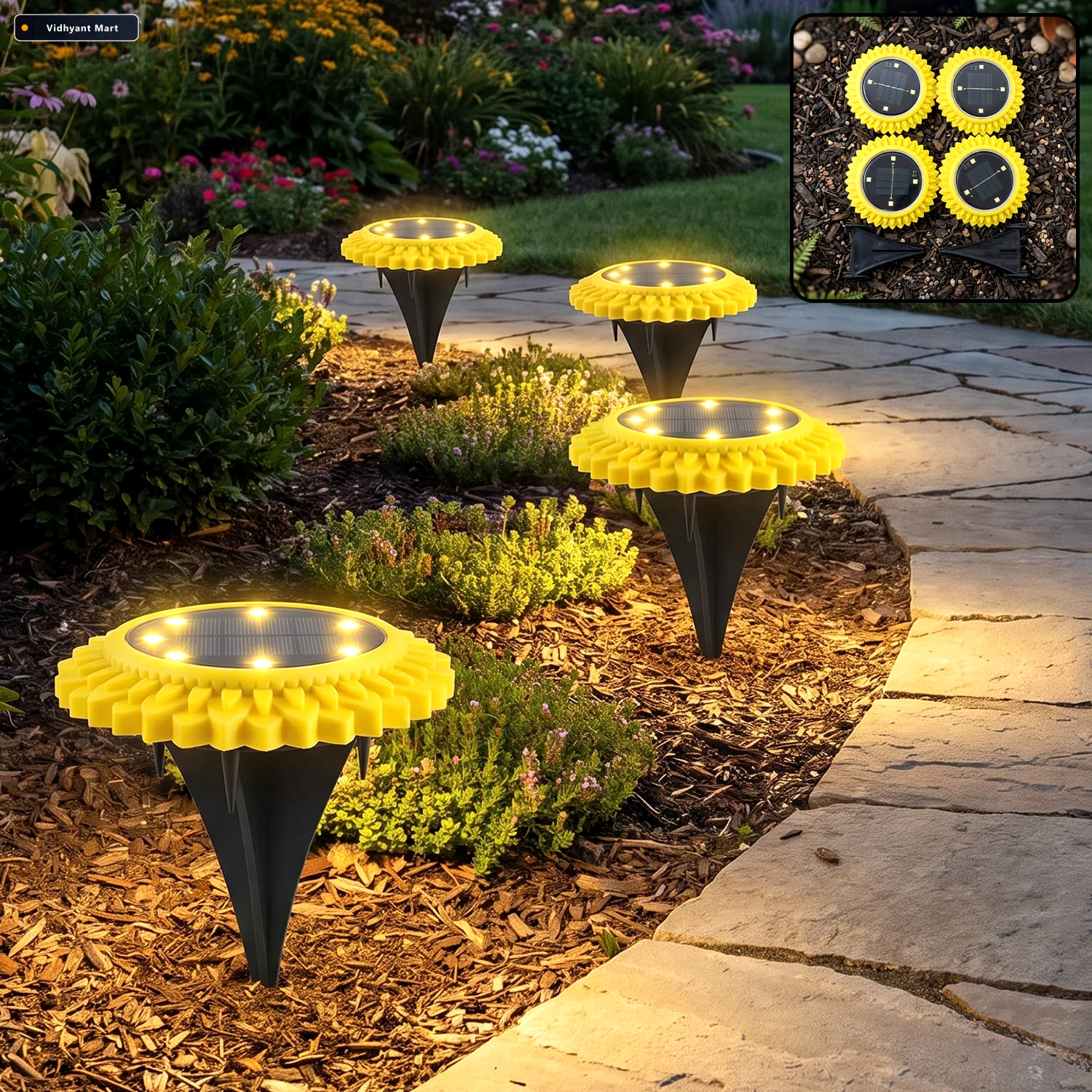 Vidhyant Mart Garden Solar Light 4 Pc Sunflower Waterproof Led P 1