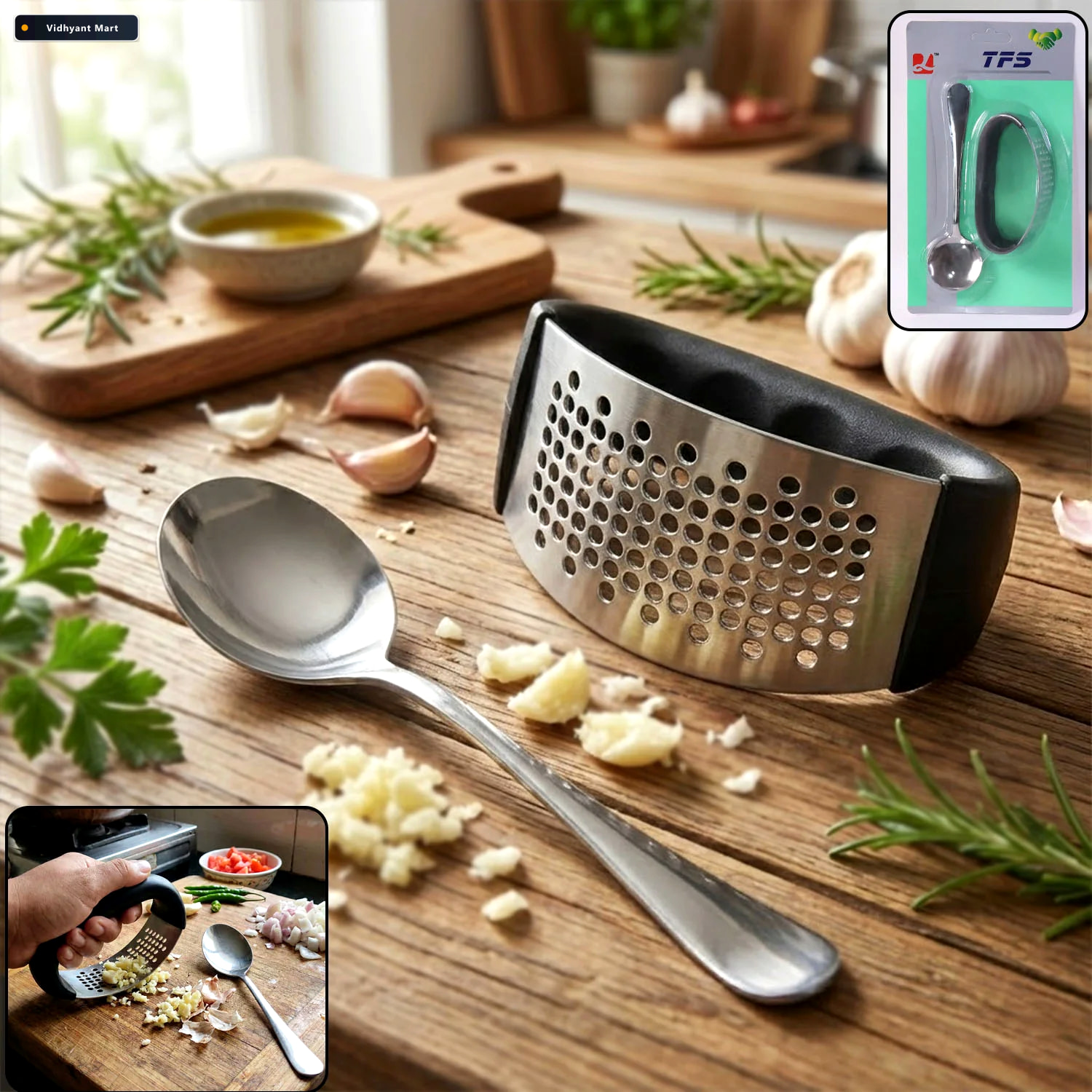 Vidhyant Mart Garlic Press Tool Heavy Duty Ergonomic Kitchen Set 1
