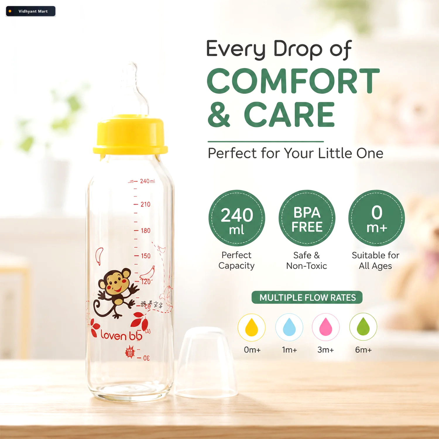 Vidhyant Mart Glass Baby Feeding Bottle With Soft Silicone Nippl 2