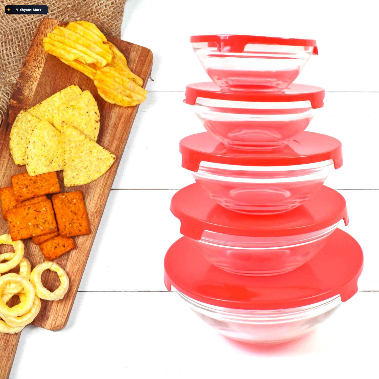 Vidhyant Mart Glass Bowl Set 5 Pcs Mixing Storage With Lids Orga 1