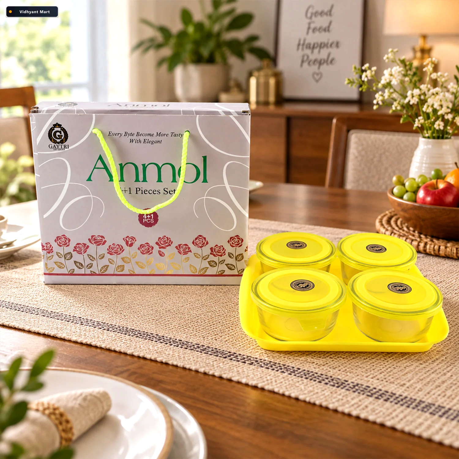 Vidhyant Mart Glass Bowl Set With Plastic Lids And Serving Tray 1