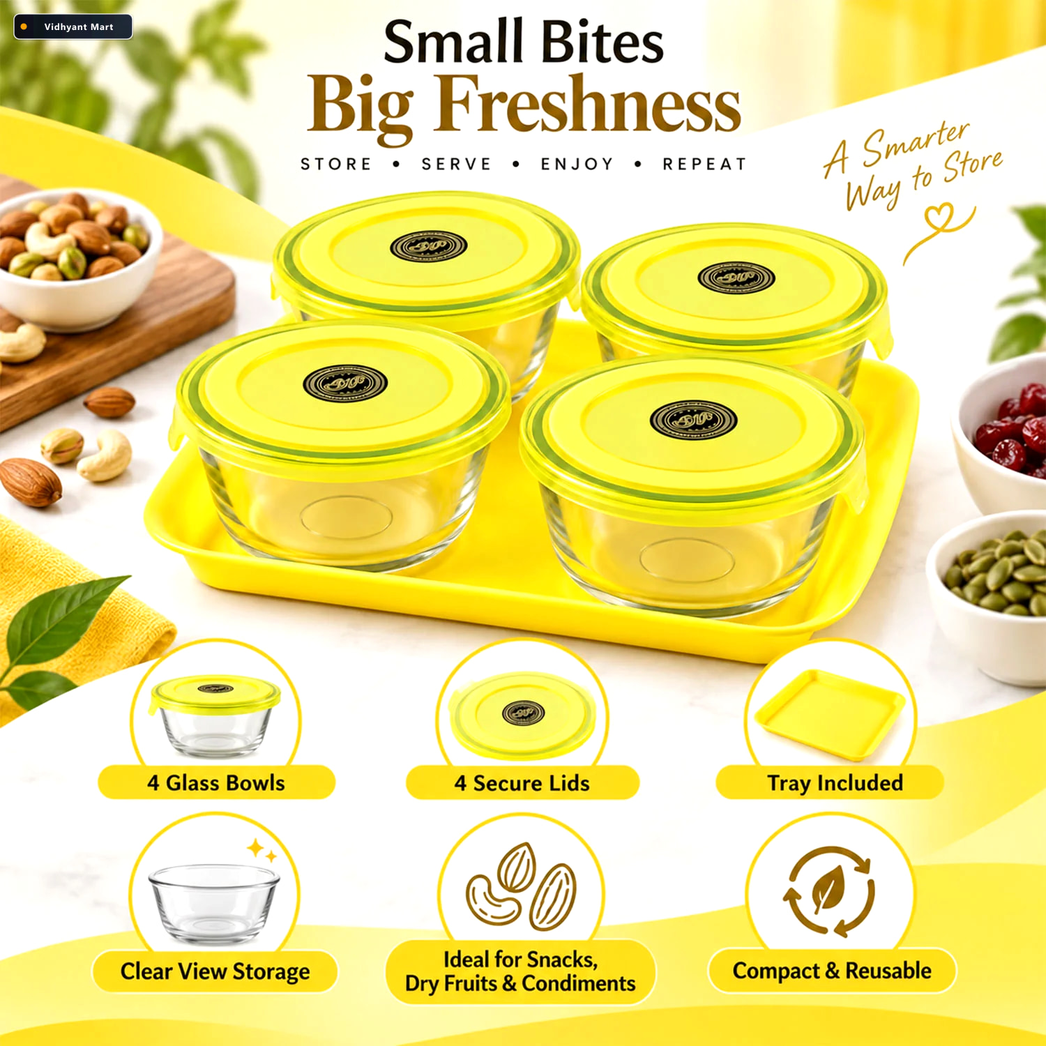 Vidhyant Mart Glass Bowl Set With Plastic Lids And Serving Tray 3