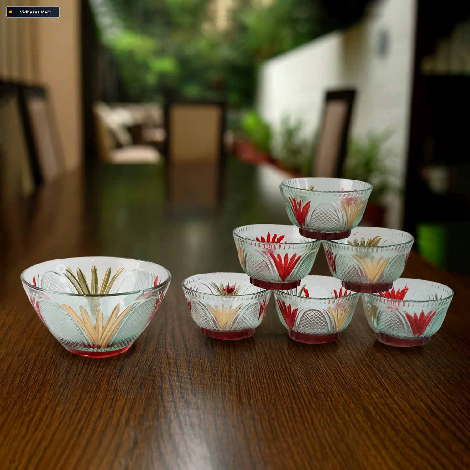 Vidhyant Mart Glass Dessert Bowl Set 7 Pc Rose Design Serve Stel 2