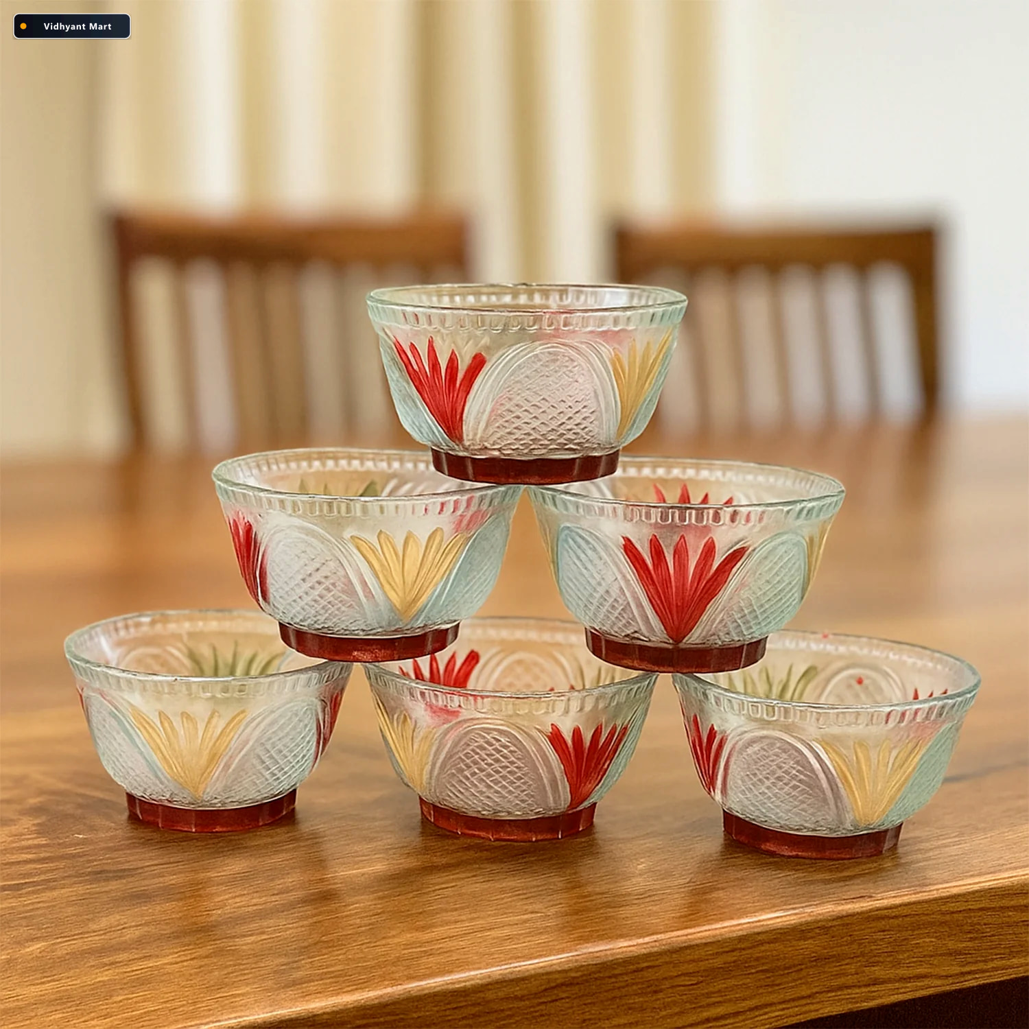 Vidhyant Mart Glass Dessert Bowl Set 7 Pc Rose Design Serve Stel 3
