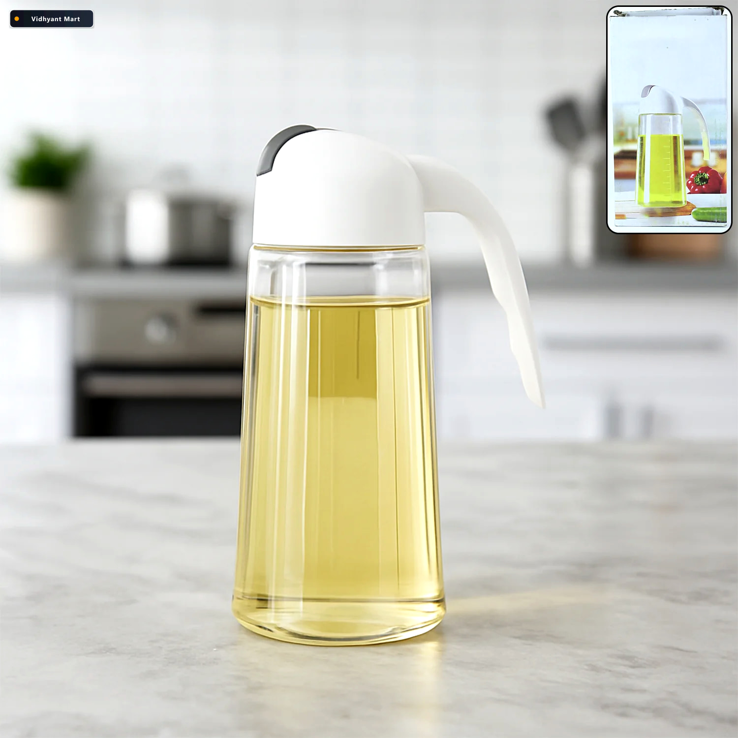 Vidhyant Mart Glass Oil Bottle Dispenser 630ml Automatic Lid Dri 1
