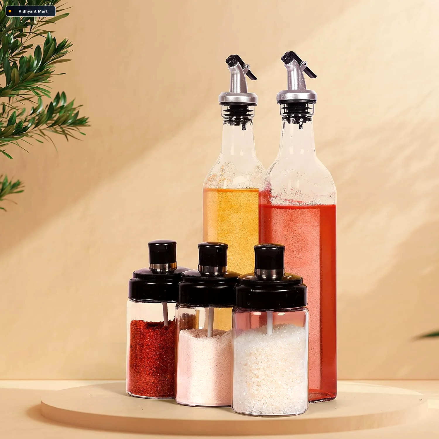 Vidhyant Mart Glass Oil Dispenser Spice Jar Set Leakproof Storag 1