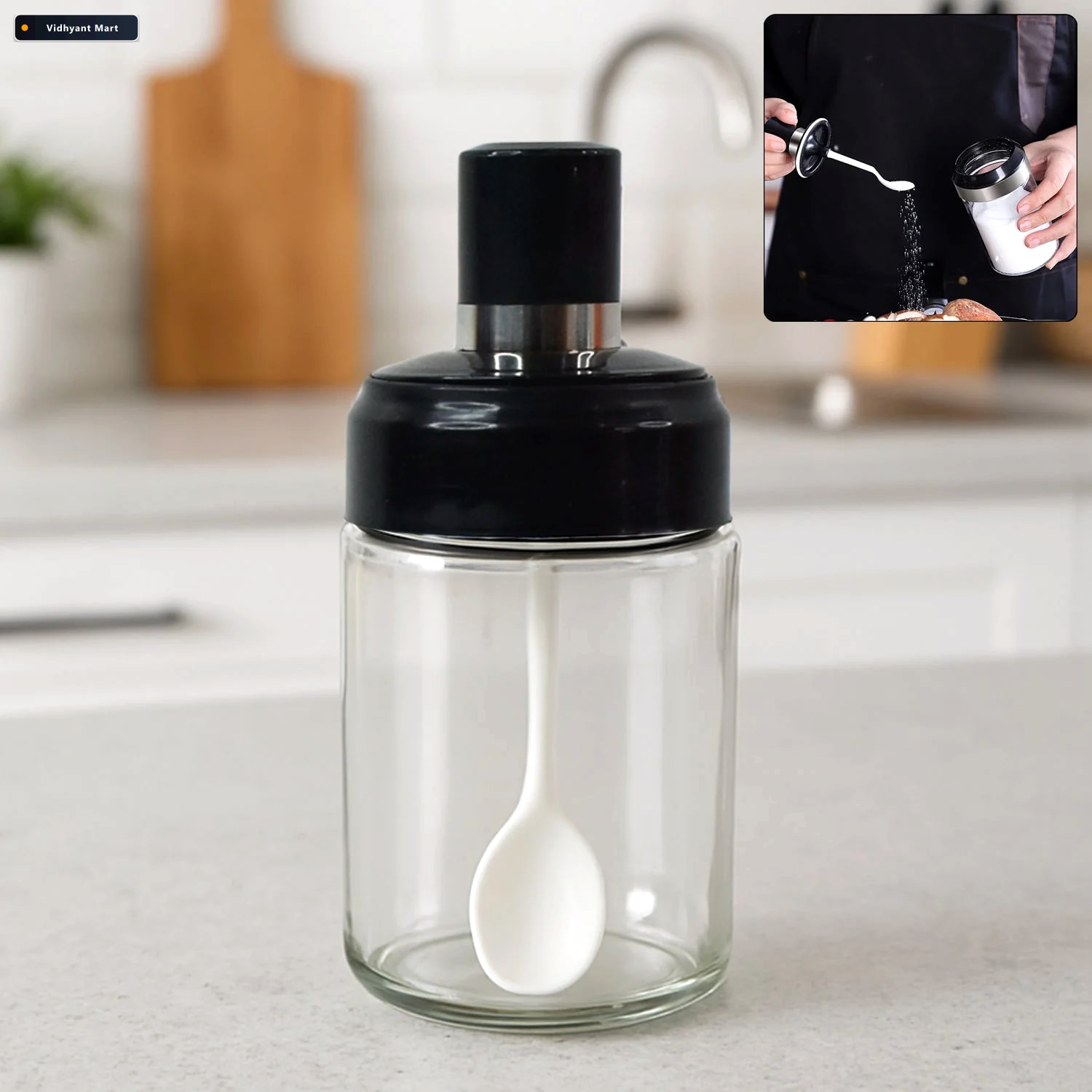 Vidhyant Mart Glass Storage Jar With Built In Spoon Airtight 250 1