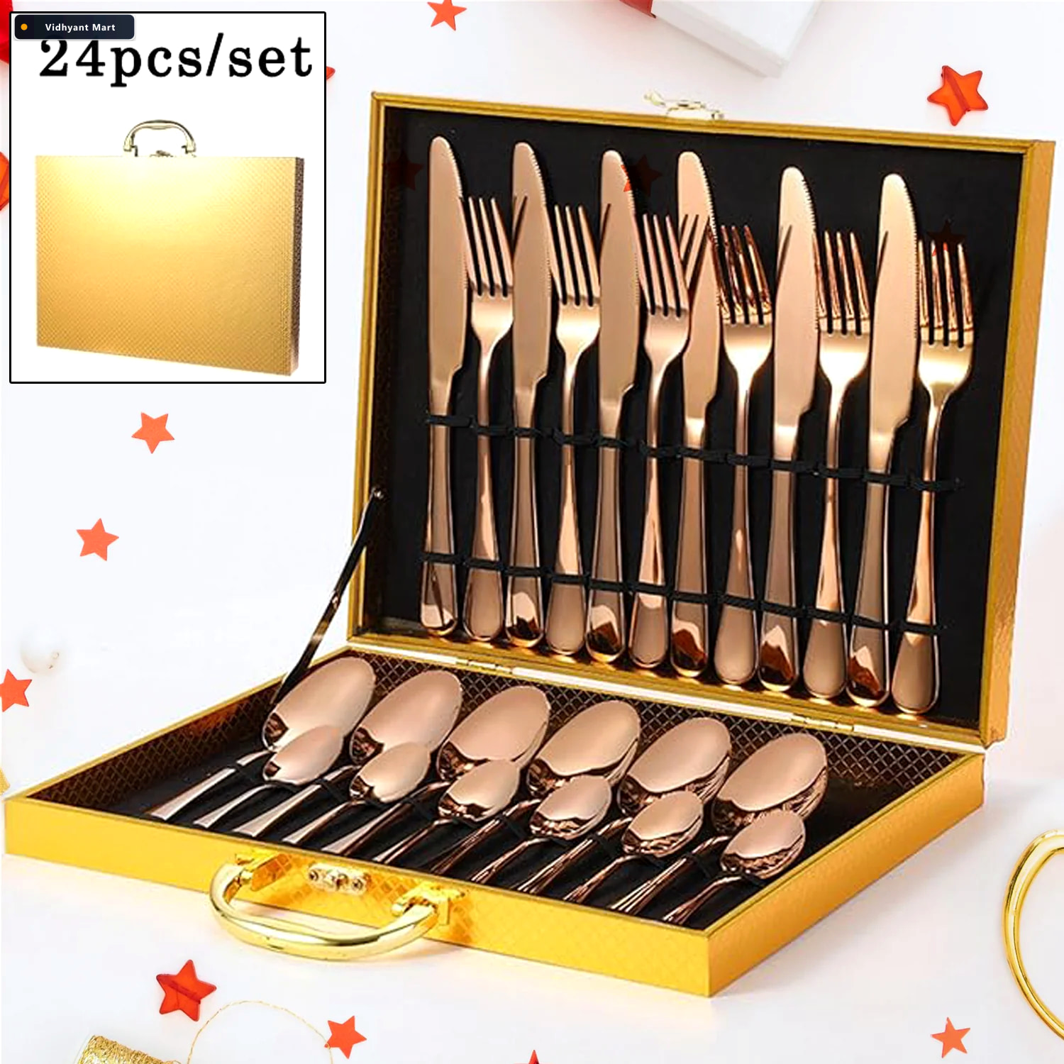 Vidhyant Mart Gold Flatware Set 24 Piece Luxury Dining Serve Ste 3