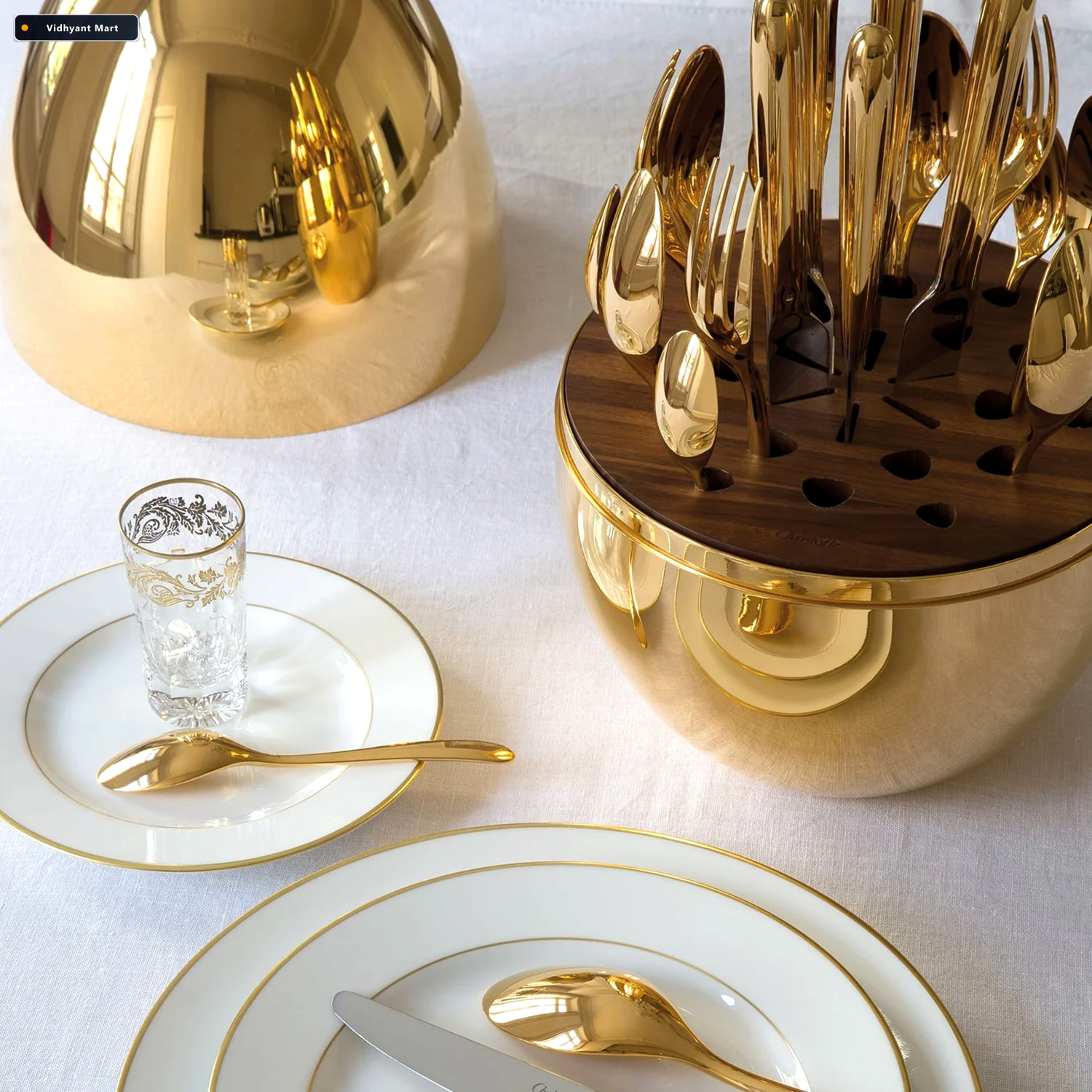 Vidhyant Mart Golden Cutlery Set 24 Pc With Oval Stand Serve Ste 1