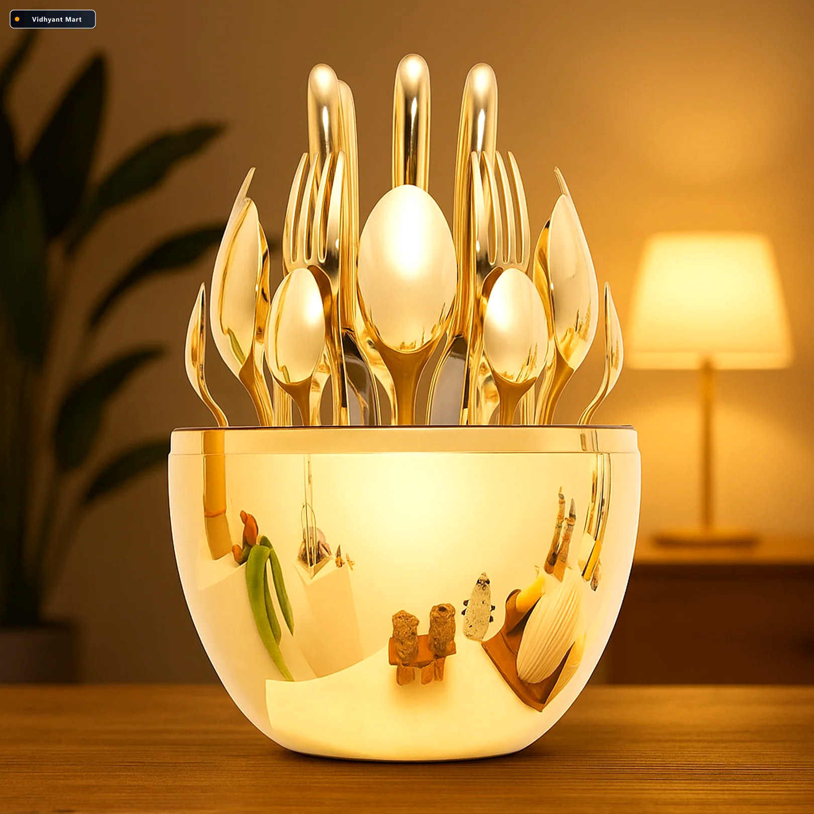 Vidhyant Mart Golden Cutlery Set 24 Pc With Oval Stand Serve Ste 5